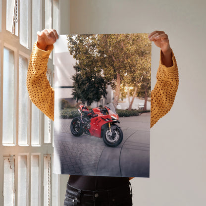 Ducati Panigale V4S motorcycle parked outdoors poster wall art with autumn trees background.