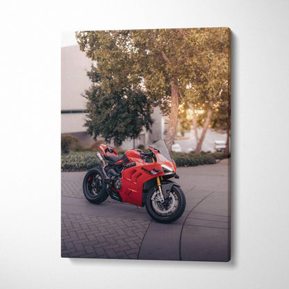 Red Ducati Panigale V4S motorcycle canvas wall art with outdoor urban background.