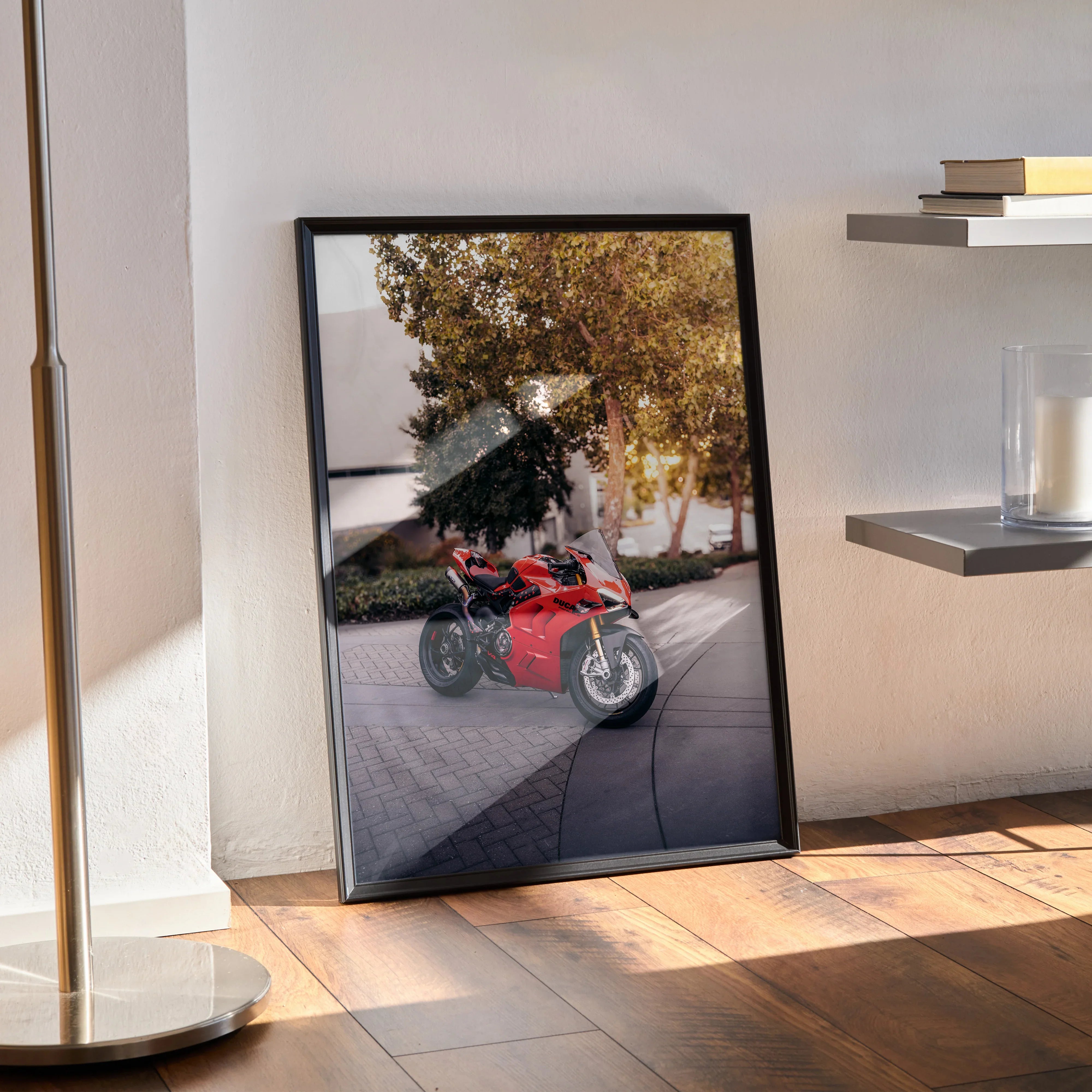 Ducati Panigale V4S motorcycle poster in black frame leaning against wall as modern wall art.