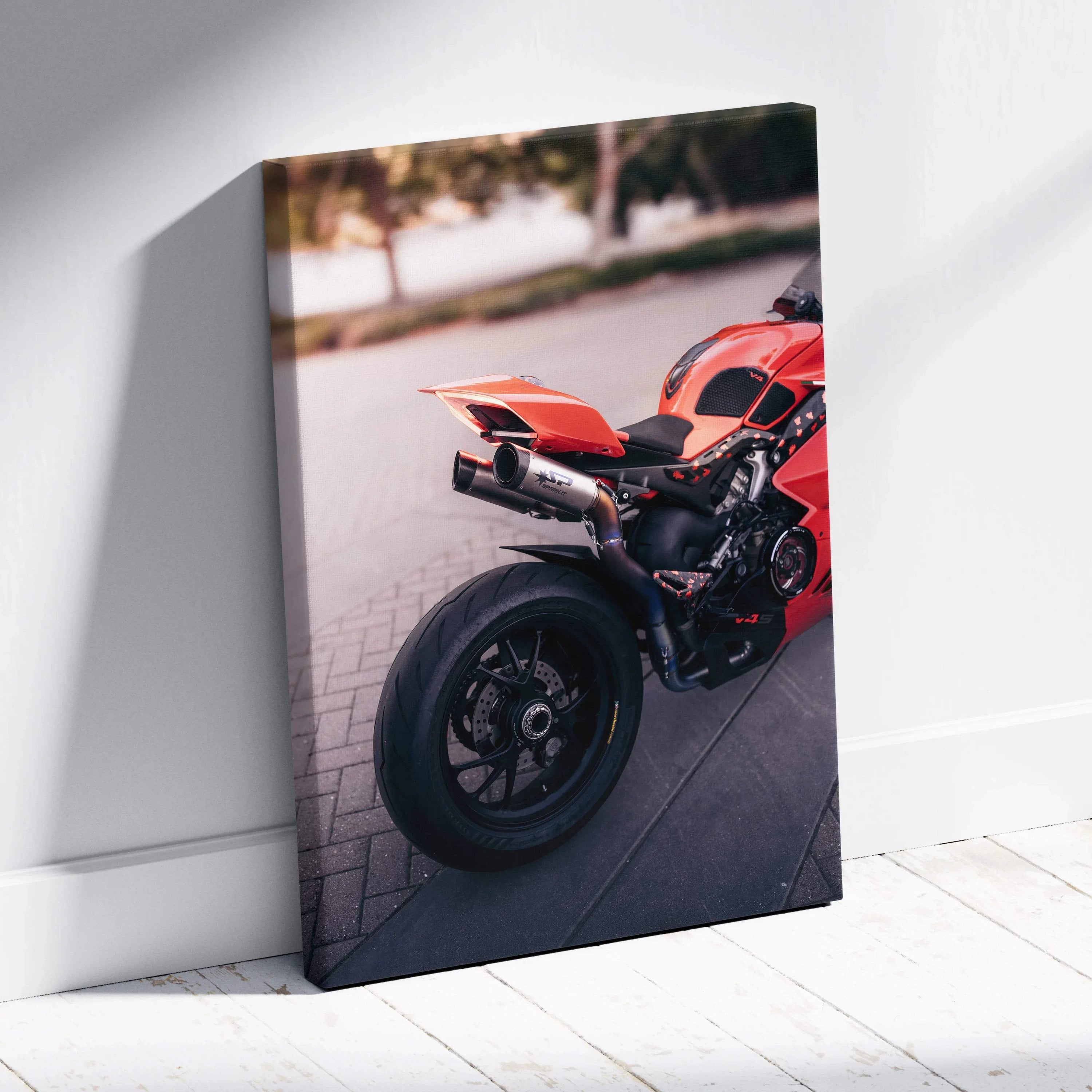 Red Ducati Panigale V4S motorcycle close-up on vertical canvas wall art.