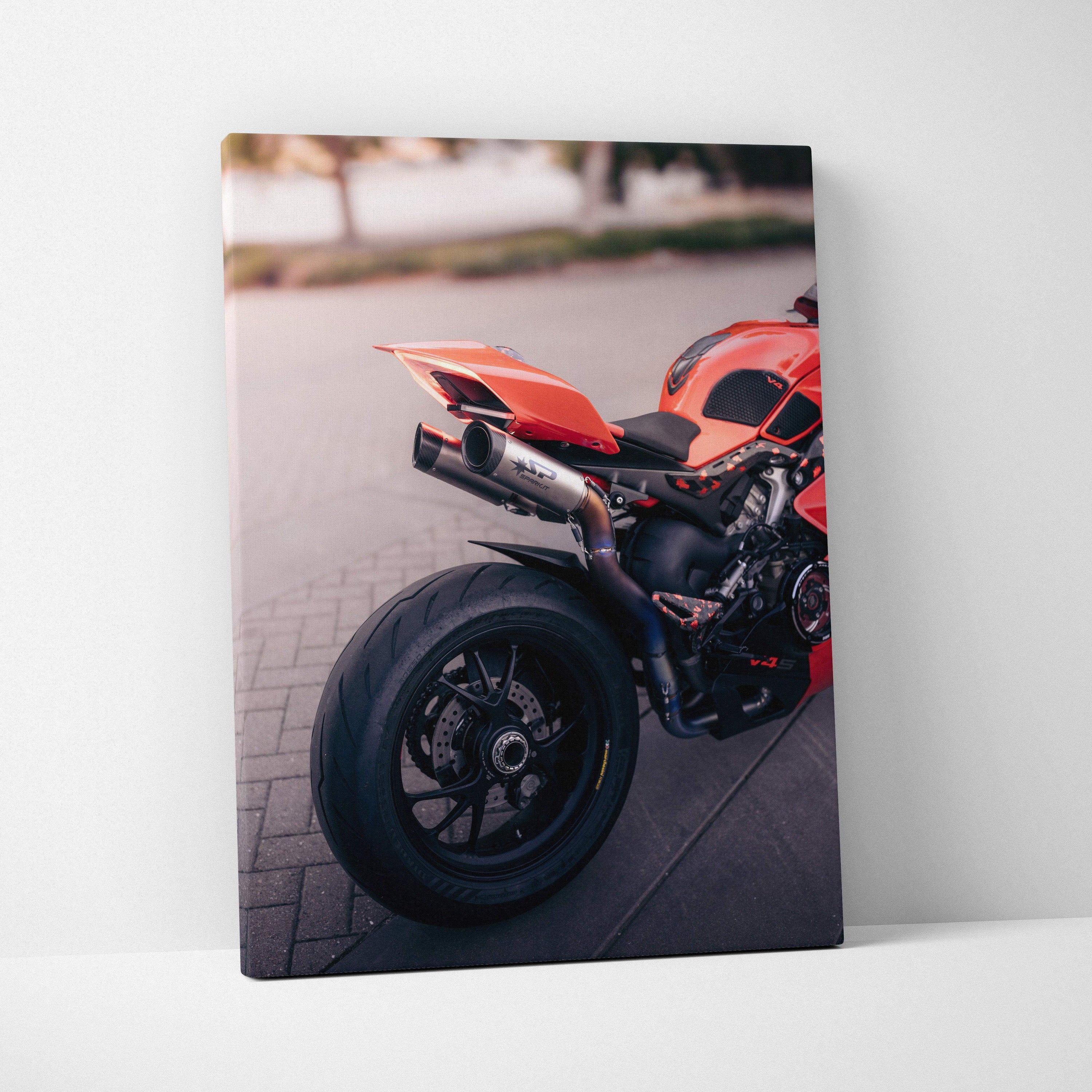 Red Ducati Panigale V4S motorcycle close-up on vertical canvas wall art with sharp detail.