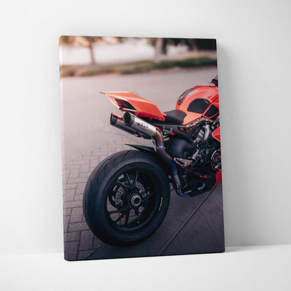 Red Ducati Panigale V4S motorcycle close-up on vertical canvas wall art with sharp detail.