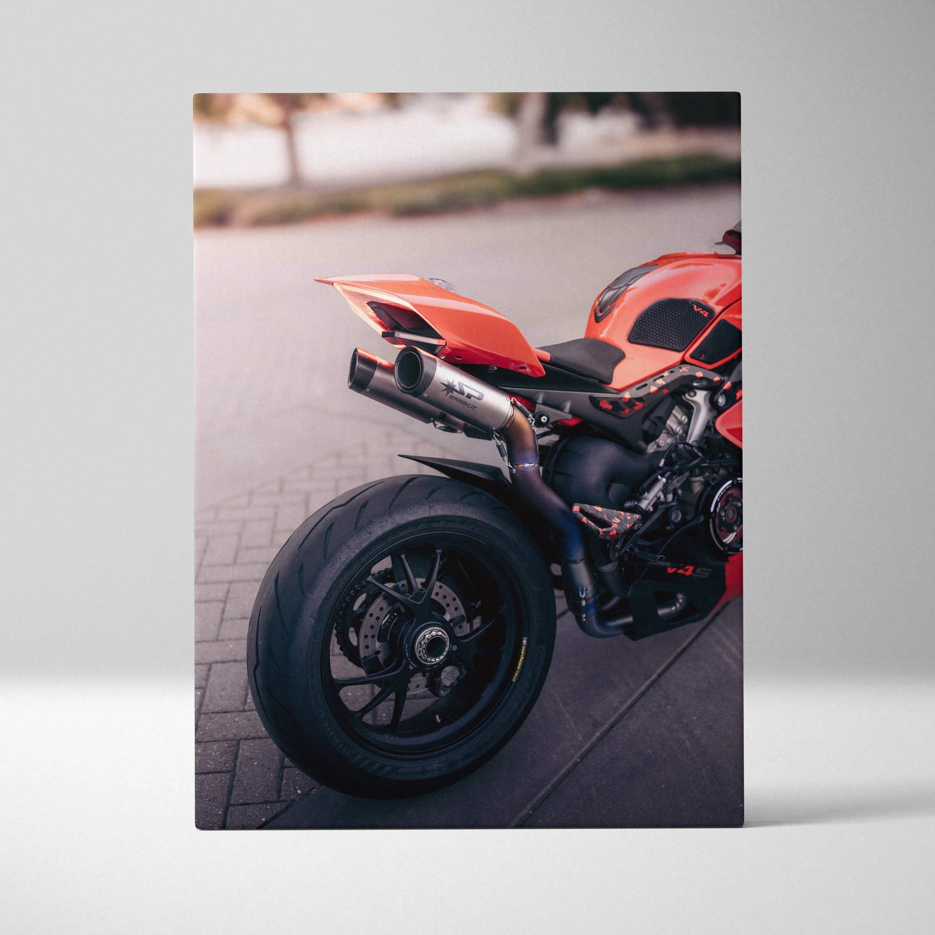 Vertical canvas art featuring detailed rear view of Ducati Panigale V4S motorcycle in red, modern wall art.