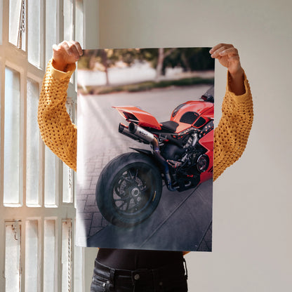 Red Ducati Panigale V4S motorcycle poster showcasing rear and side view wall art.
