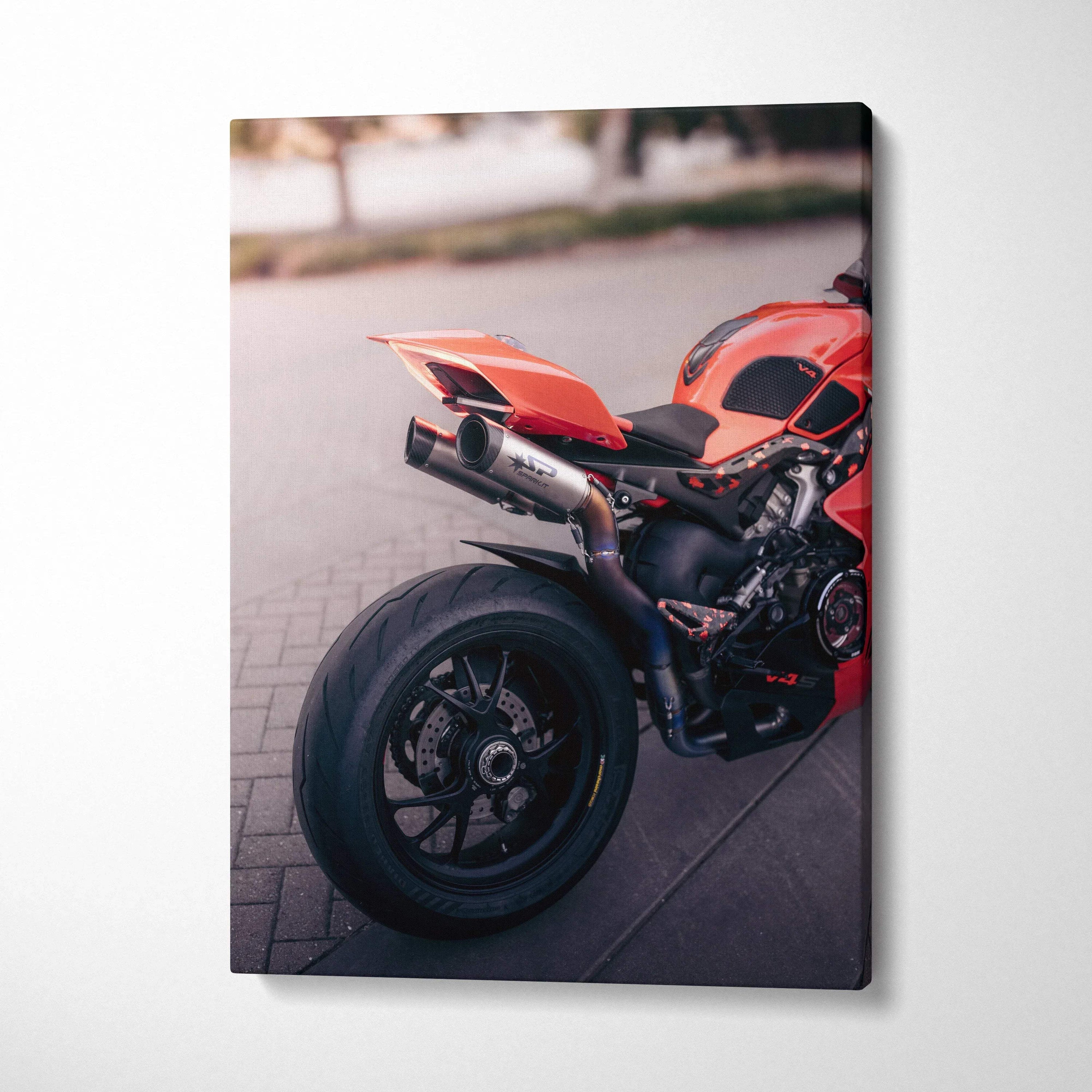 Red Ducati Panigale V4S motorcycle rear detail on canvas wall art print.