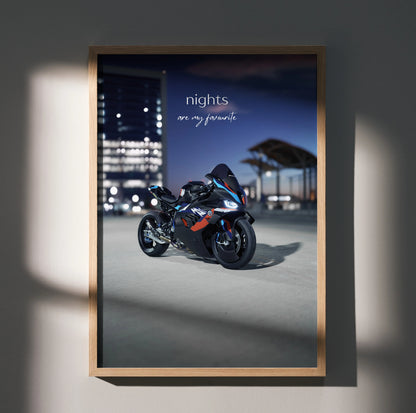 BMW M1000RR motorcycle at night with motivational text on dark cityscape poster wall art.