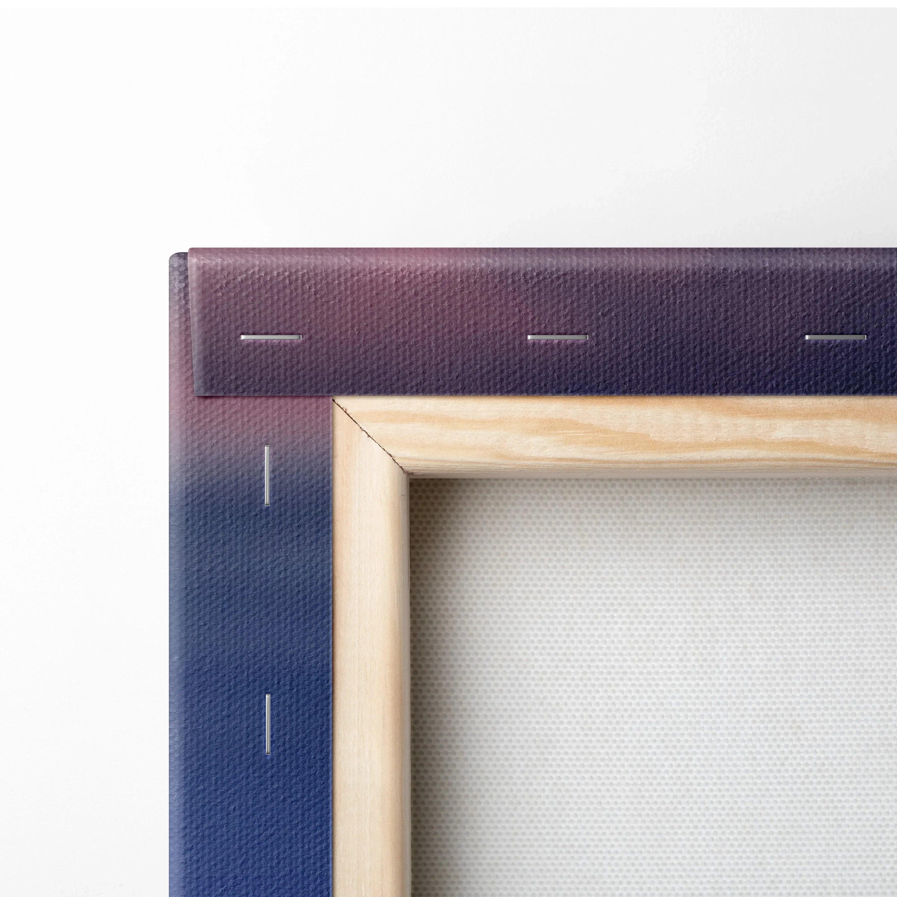 Close-up of a wooden frame corner with stretched canvas fabric for vertical wall art canvas print.