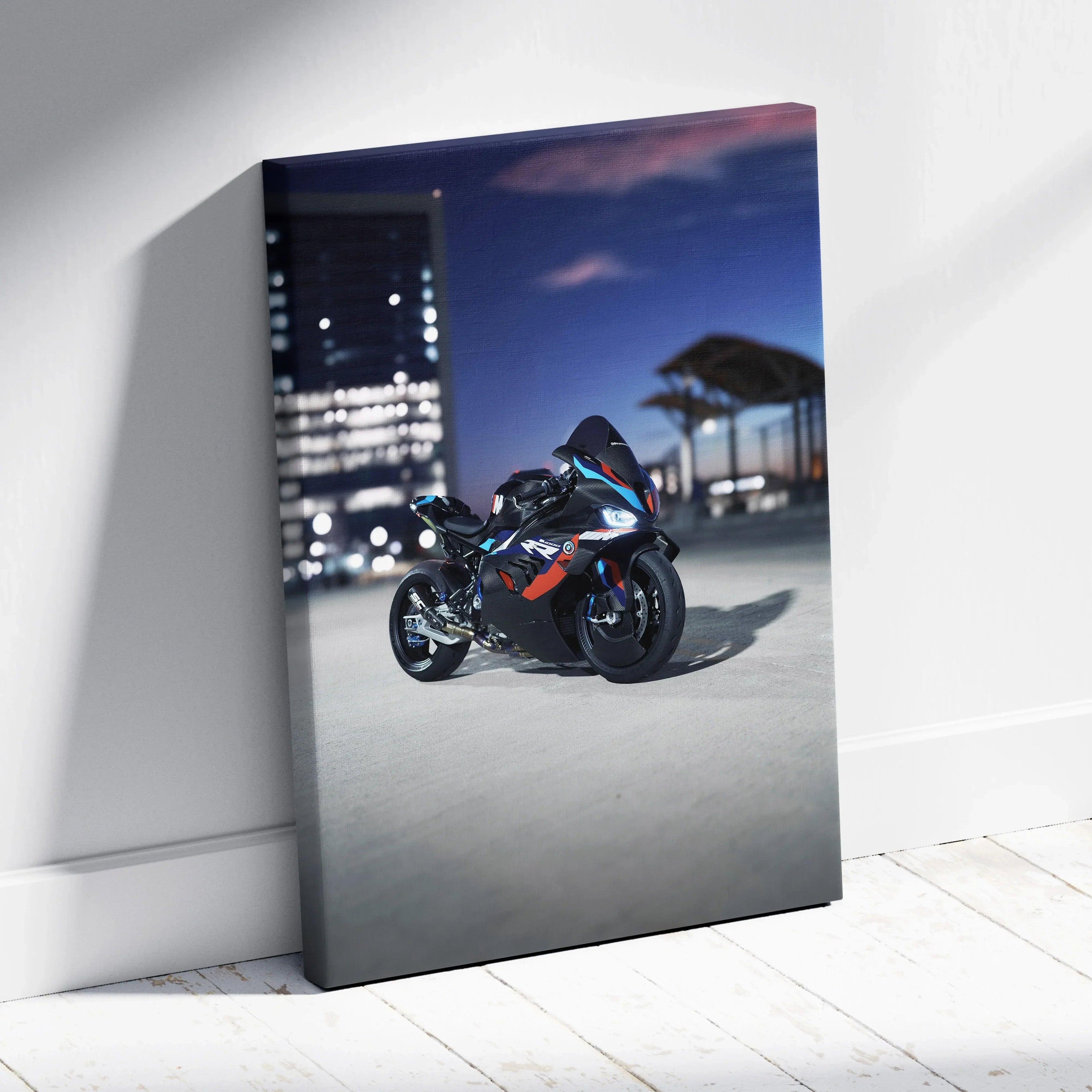 BMW M1000RR motorcycle at night cityscape canvas wall art with sharp details and vibrant colors.