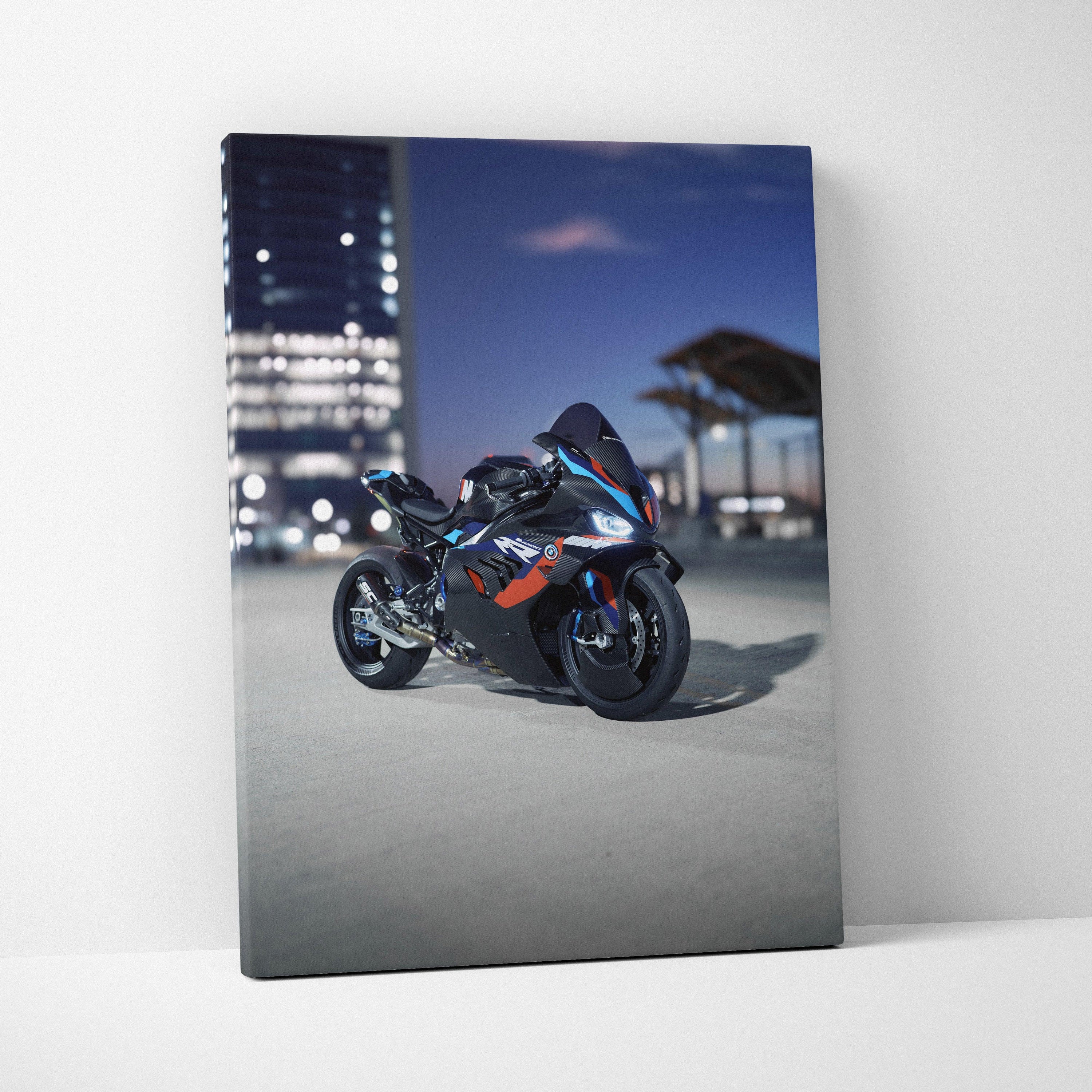 BMW M1000RR motorcycle canvas art with urban night background, vertical wall art print.