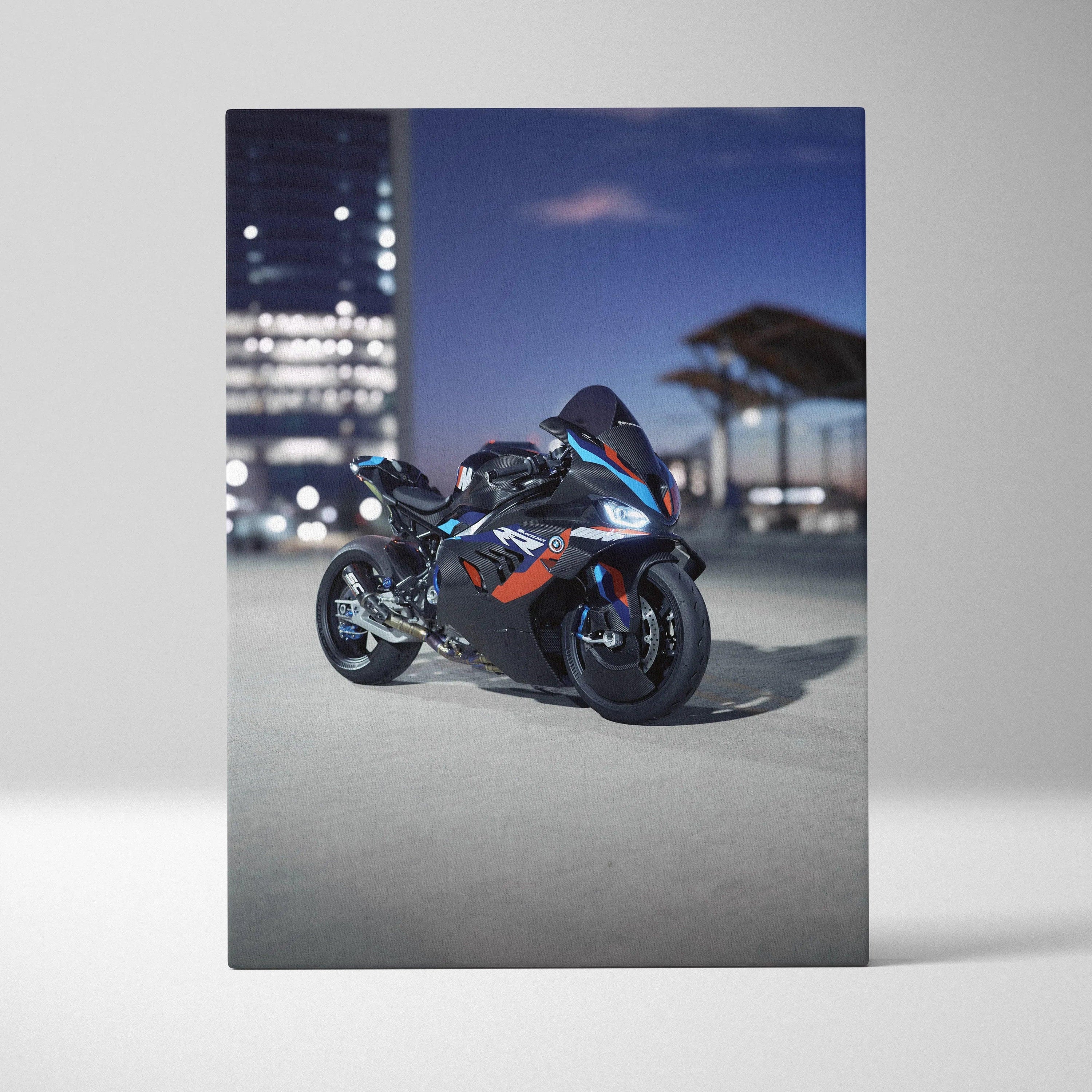 BMW M1000RR motorcycle against cityscape at dusk printed on vertical canvas wall art.
