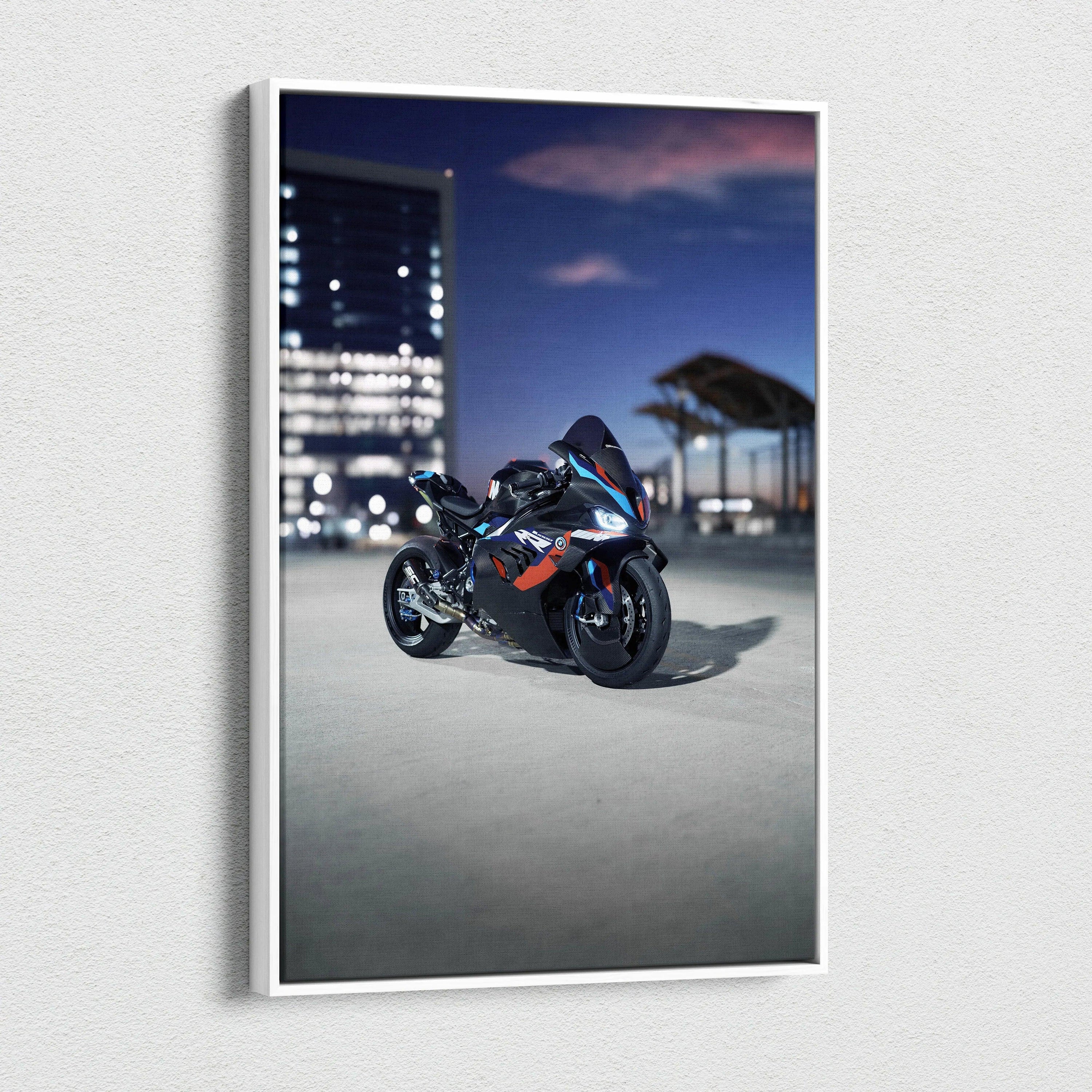 BMW M1000RR motorcycle high-resolution vertical canvas art with cityscape background wall art.