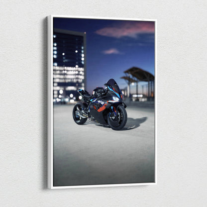 BMW M1000RR motorcycle high-resolution vertical canvas art with cityscape background wall art.