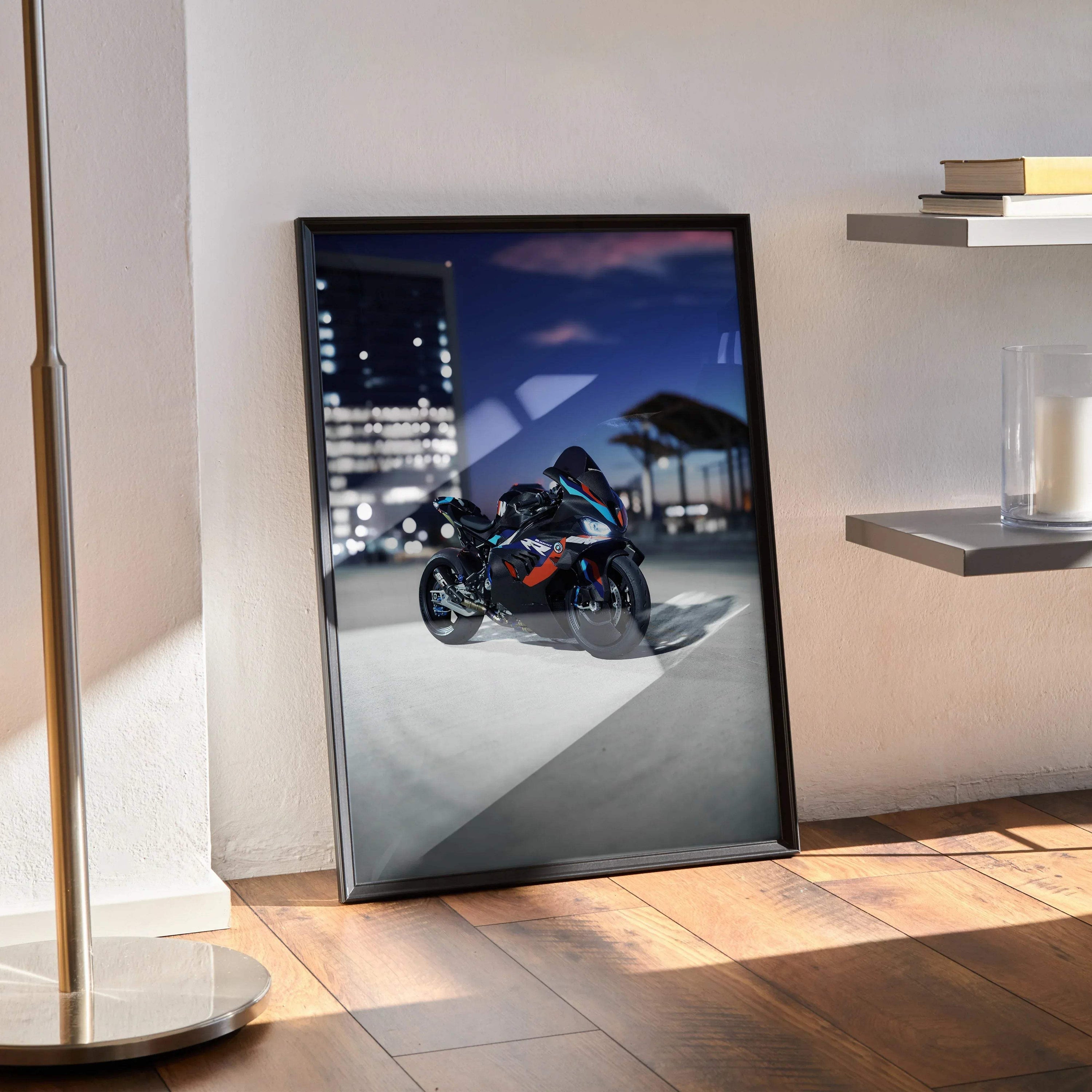 BMW M1000RR motorcycle poster wall art with nighttime cityscape background in black frame.