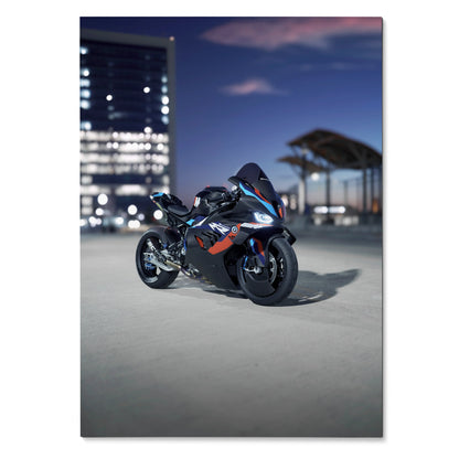 BMW M1000RR motorcycle poster wall art with sleek black and blue bike under evening city lights.