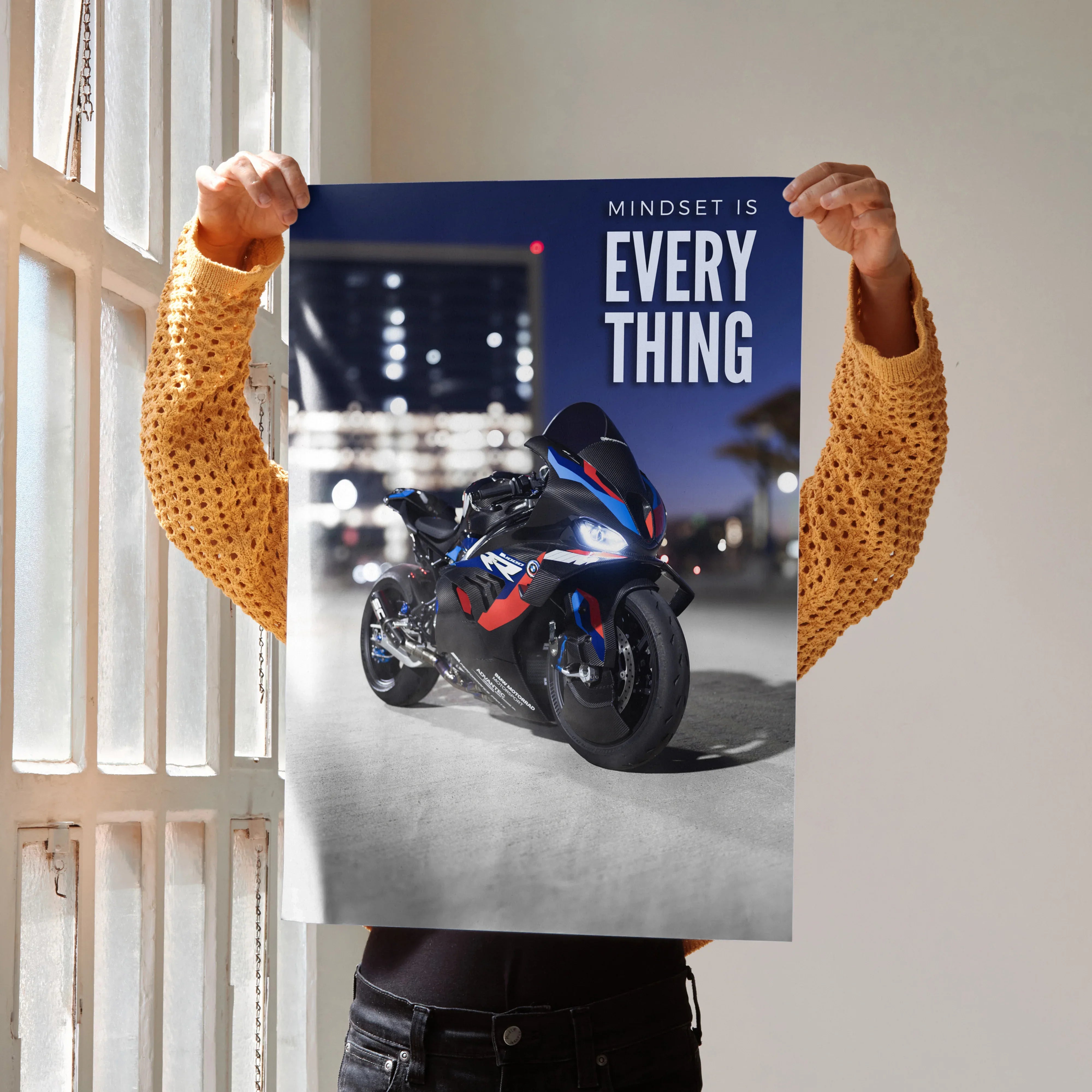 Poster wall art featuring a BMW M1000RR motorcycle with the text "Mindset is Everything" in bold white letters.