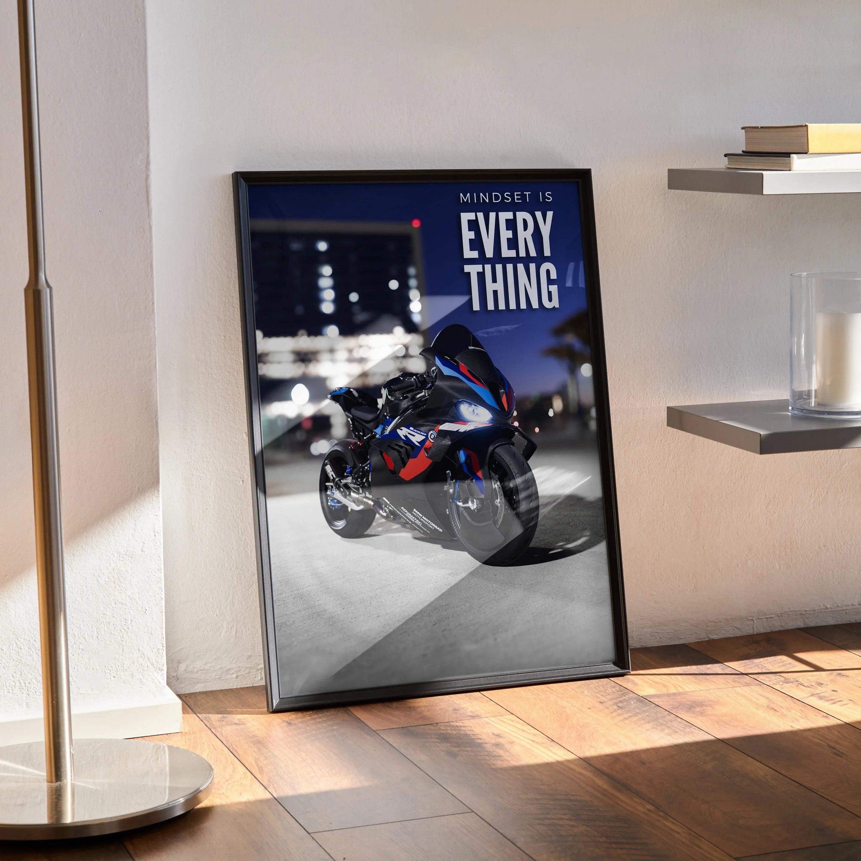 Motivational poster wall art featuring BMW M1000RR motorcycle with inspiring text on dark city background.