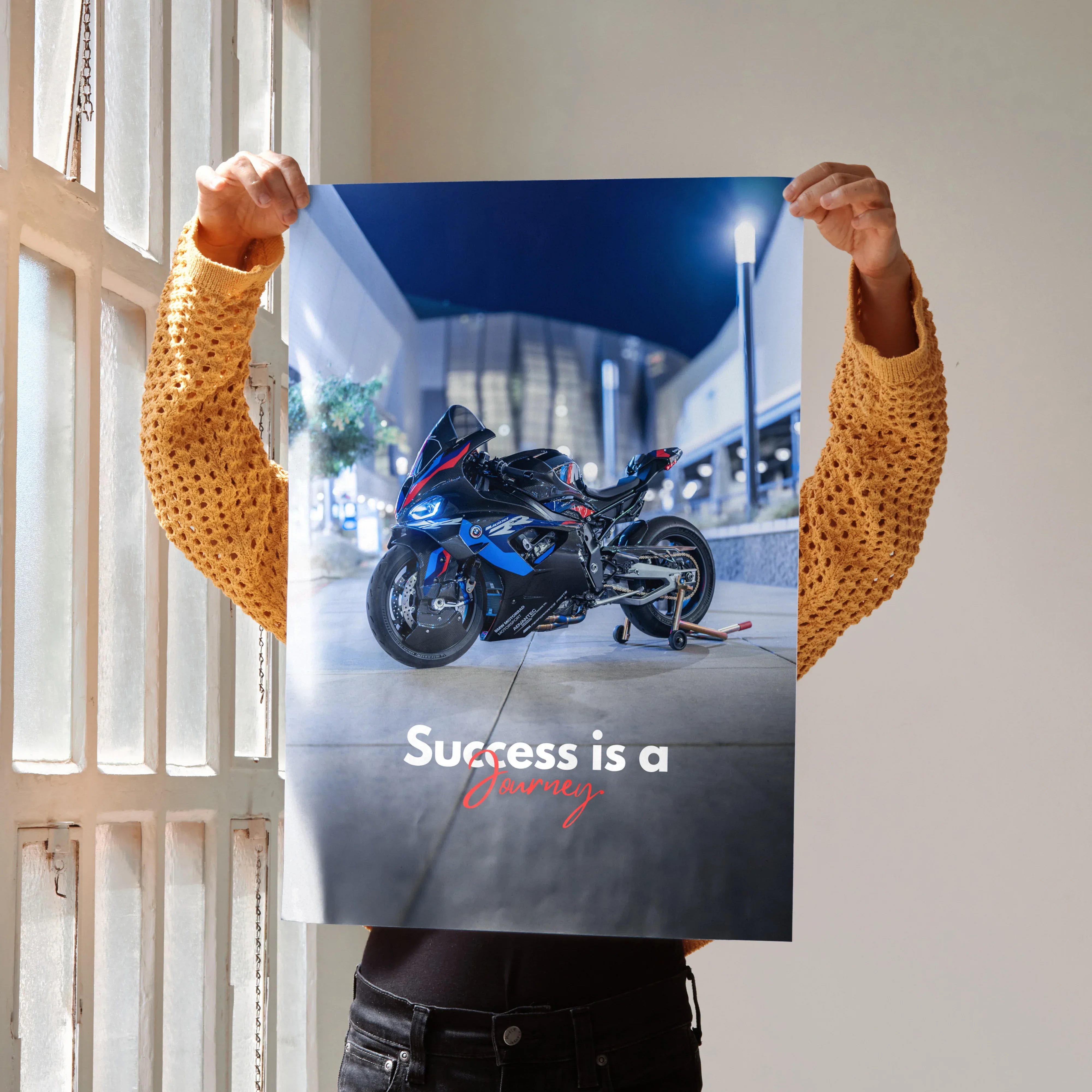Motivational poster wall art featuring a BMW M1000RR motorcycle with “Success is a Journey” text at night.