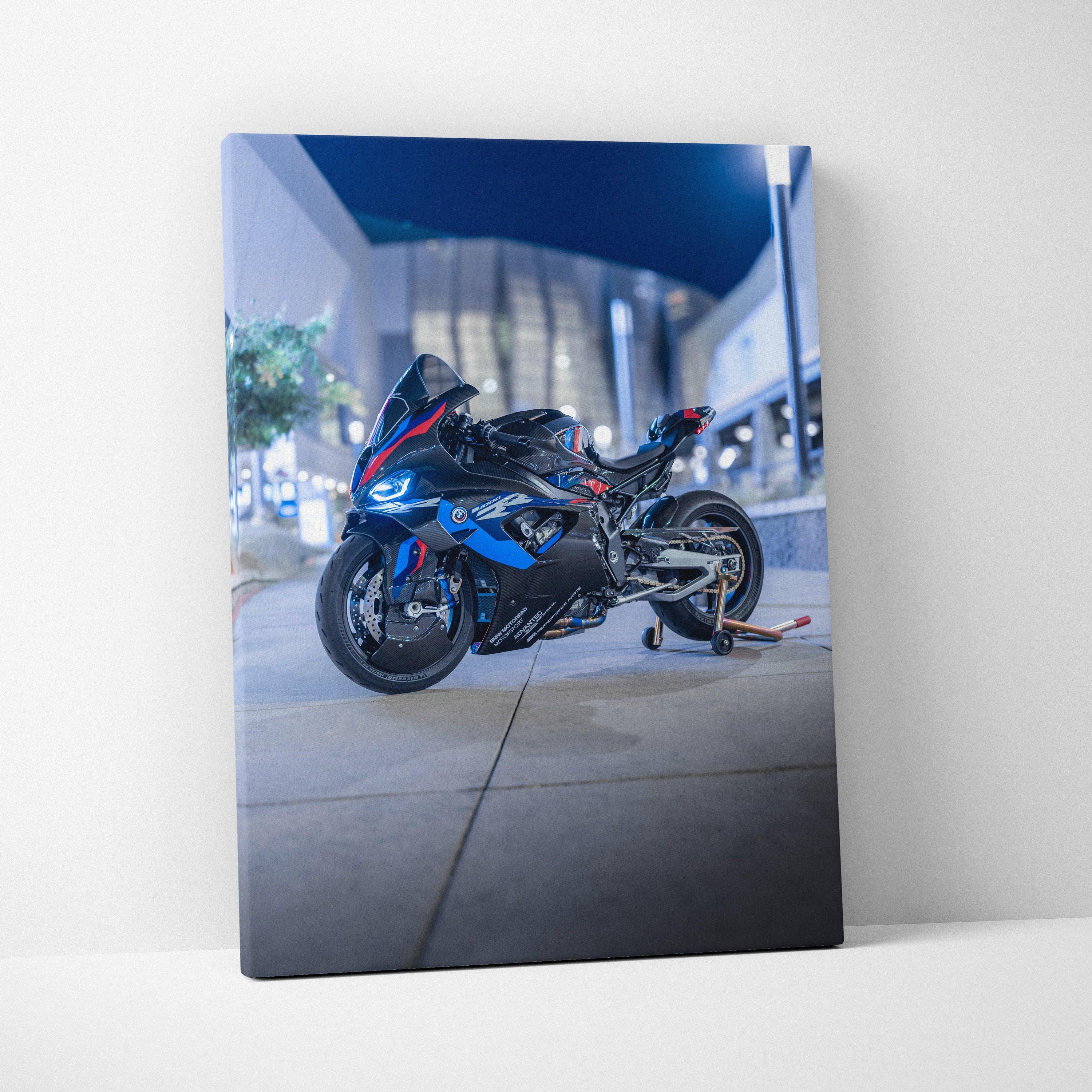 BMW M1000RR motorcycle vertical canvas art with detailed night city background wall art.