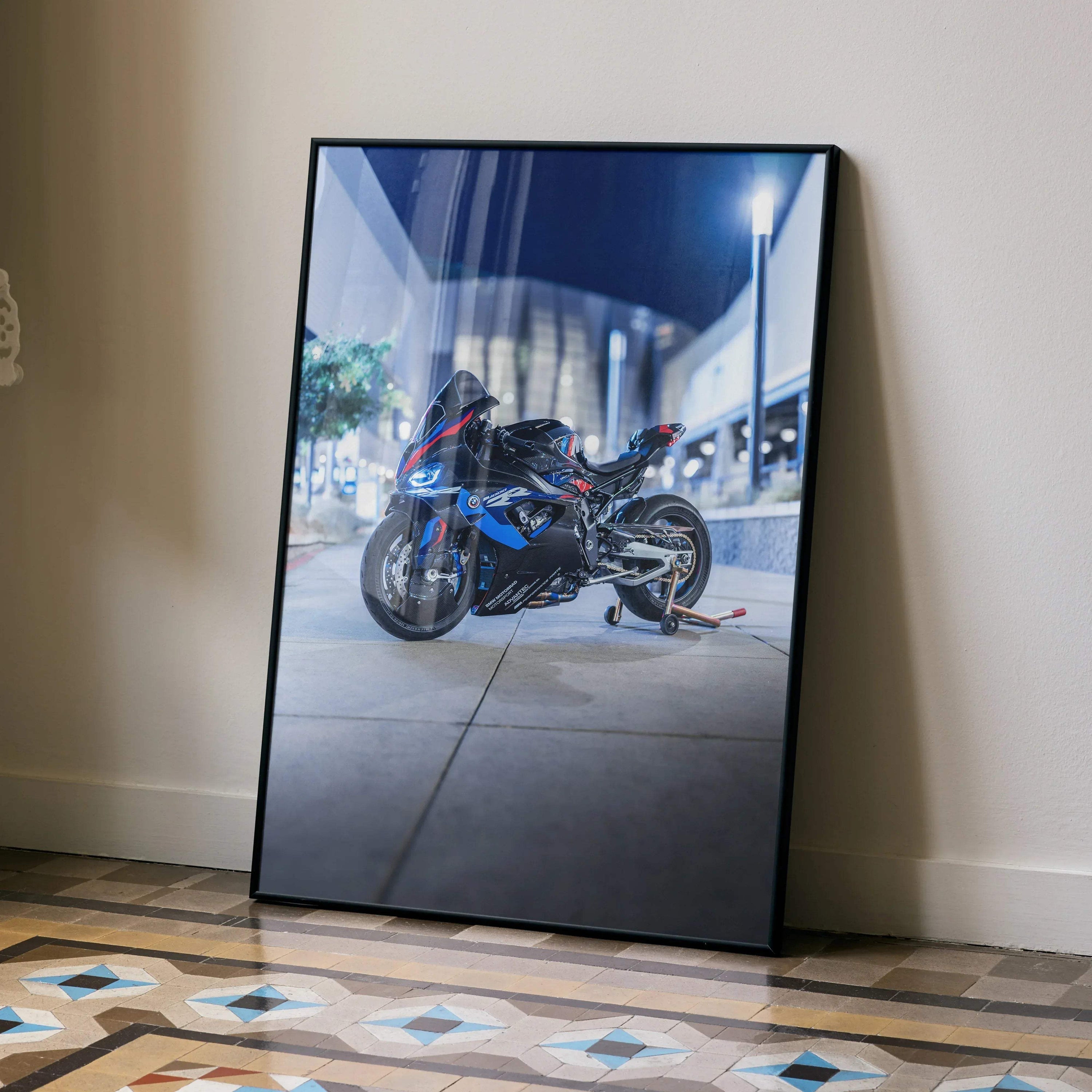 BMW M1000RR motorcycle poster with night city background, sleek modern wall art in black frame.