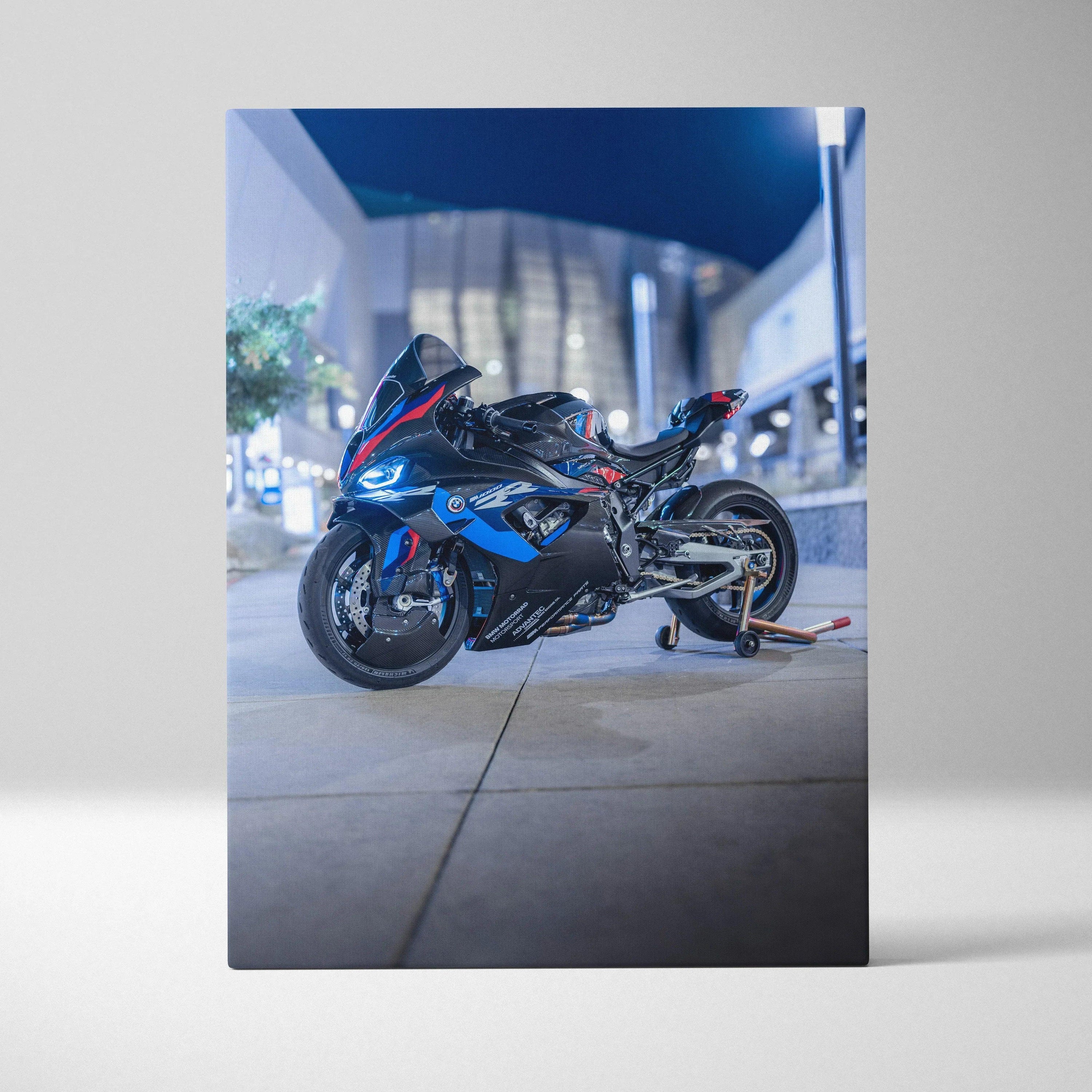 BMW M1000RR motorcycle canvas art with detailed blue and black racing design on vertical wall art canvas.