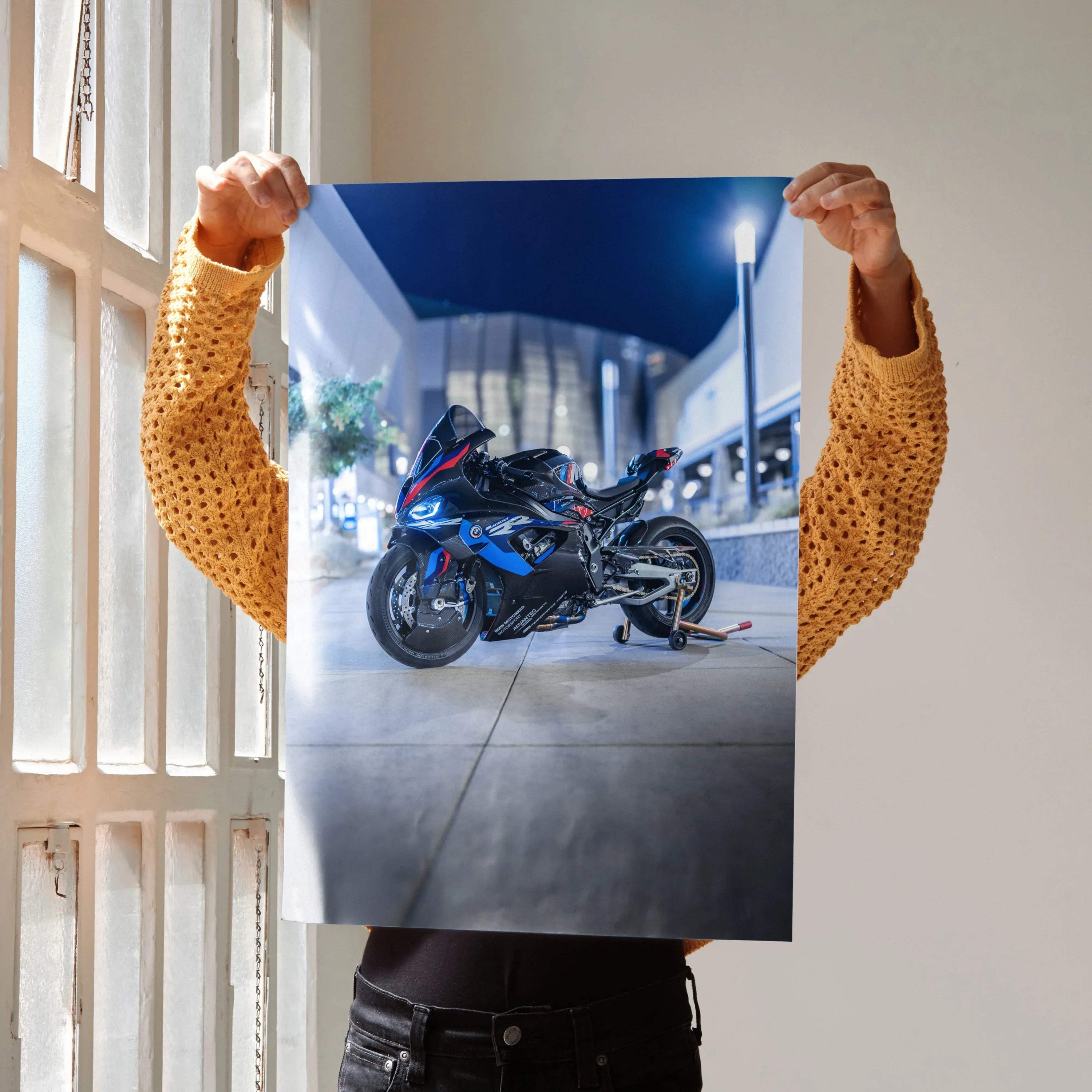 BMW M1000RR motorcycle poster with dynamic night city background, premium wall art for fans.