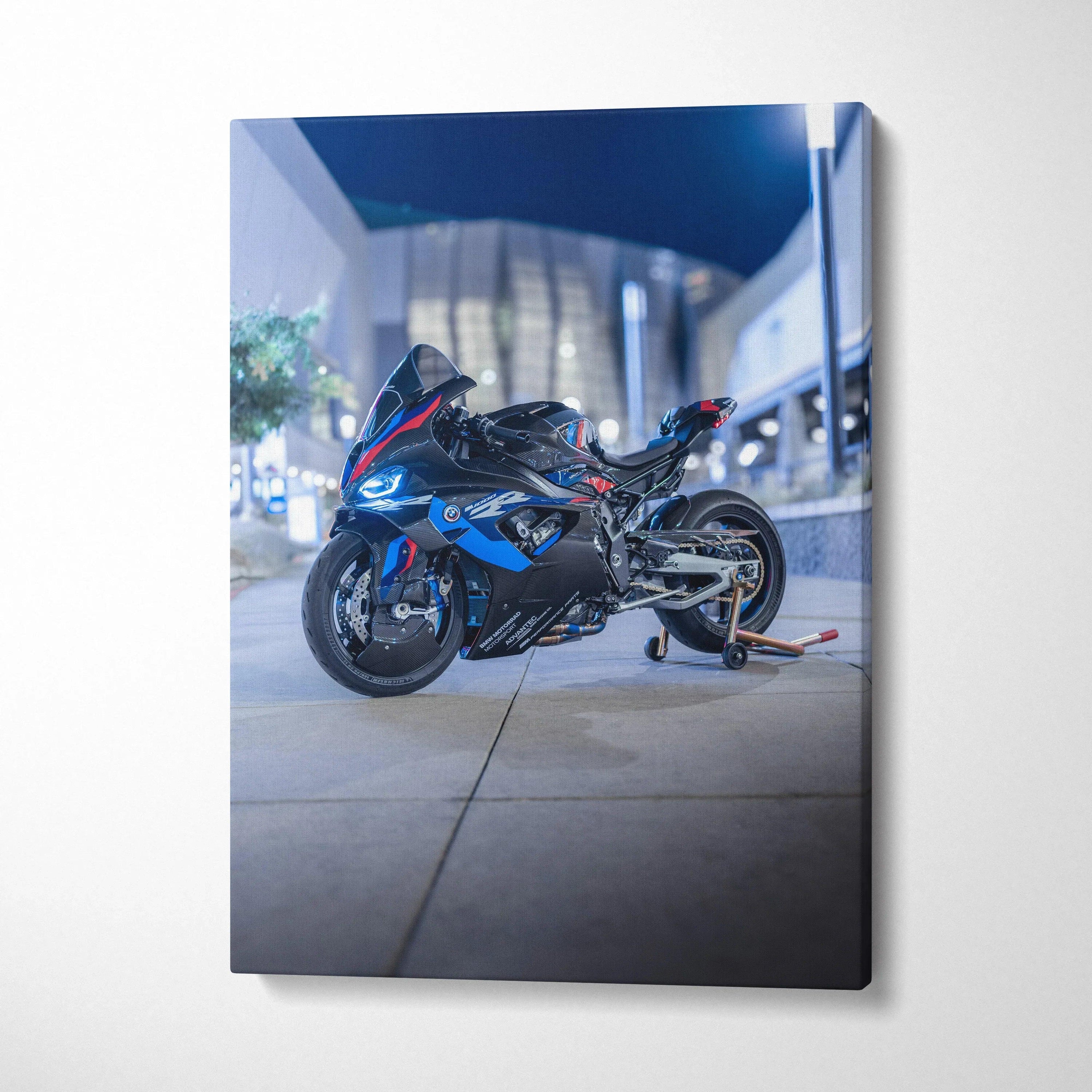 BMW M1000RR motorcycle canvas art with night city background, vertical wall art print.