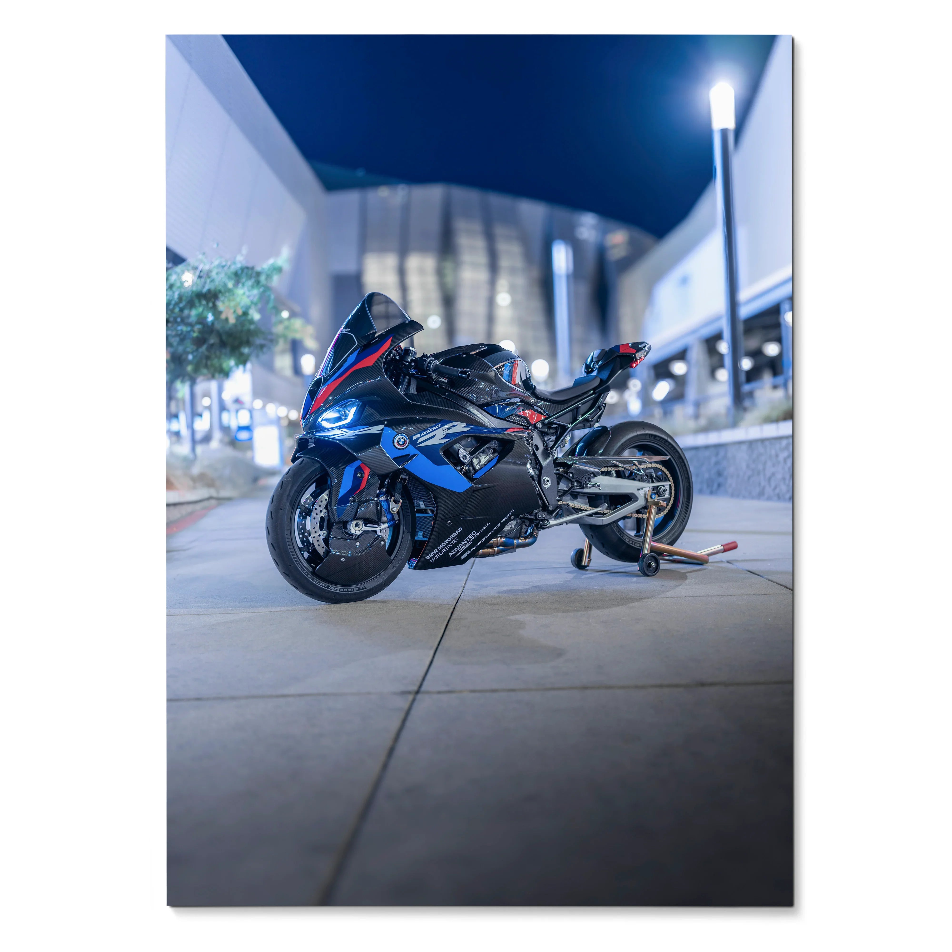 BMW M1000RR motorcycle poster with sleek black design and red accents, modern wall art.