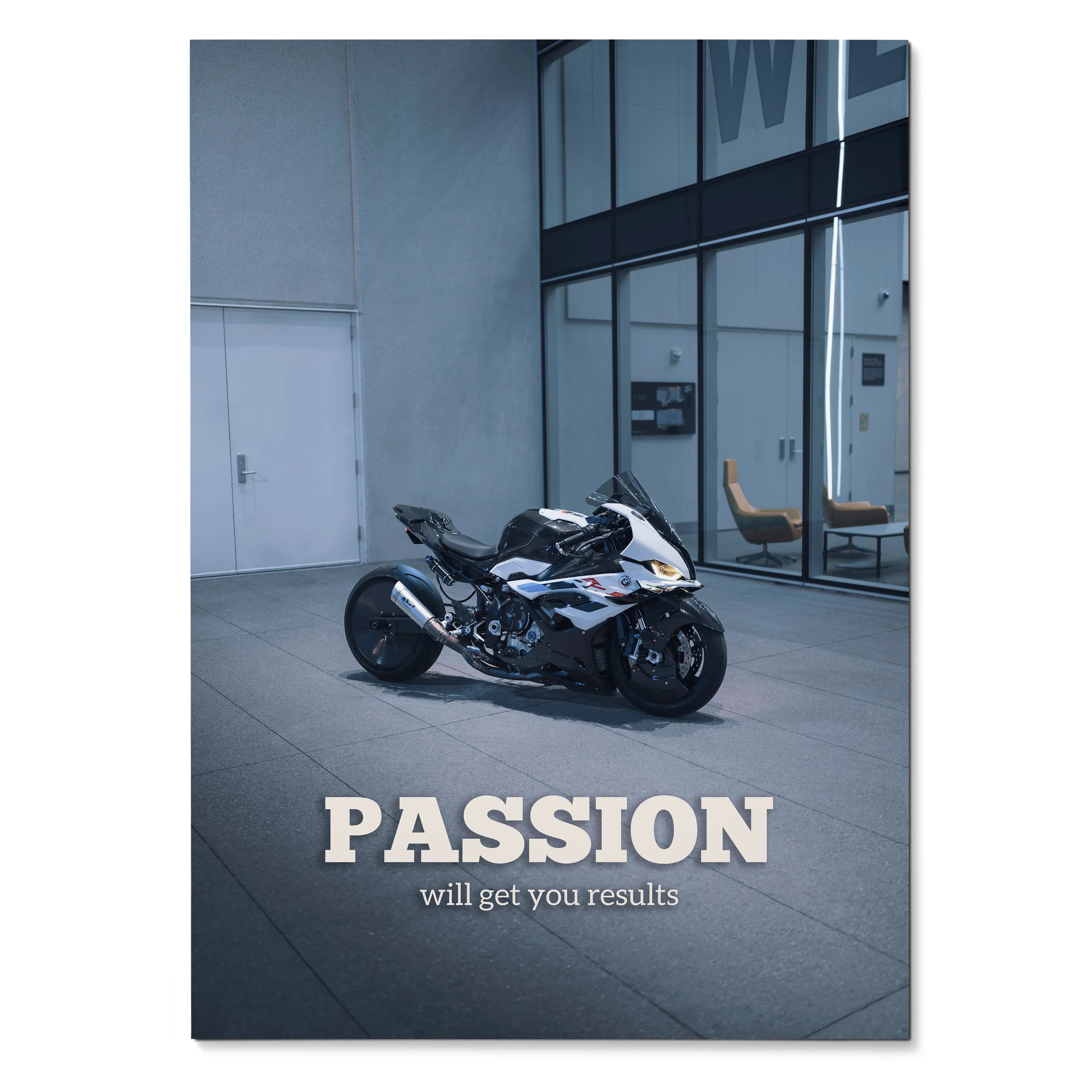 Motivational poster wall art featuring a BMW S1000RR Drag Spec motorcycle with "Passion will get you results" text.