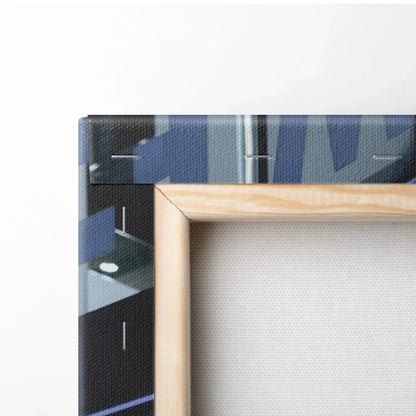 Close-up of natural wood frame and textured canvas corner showcasing vertical canvas wall art quality.