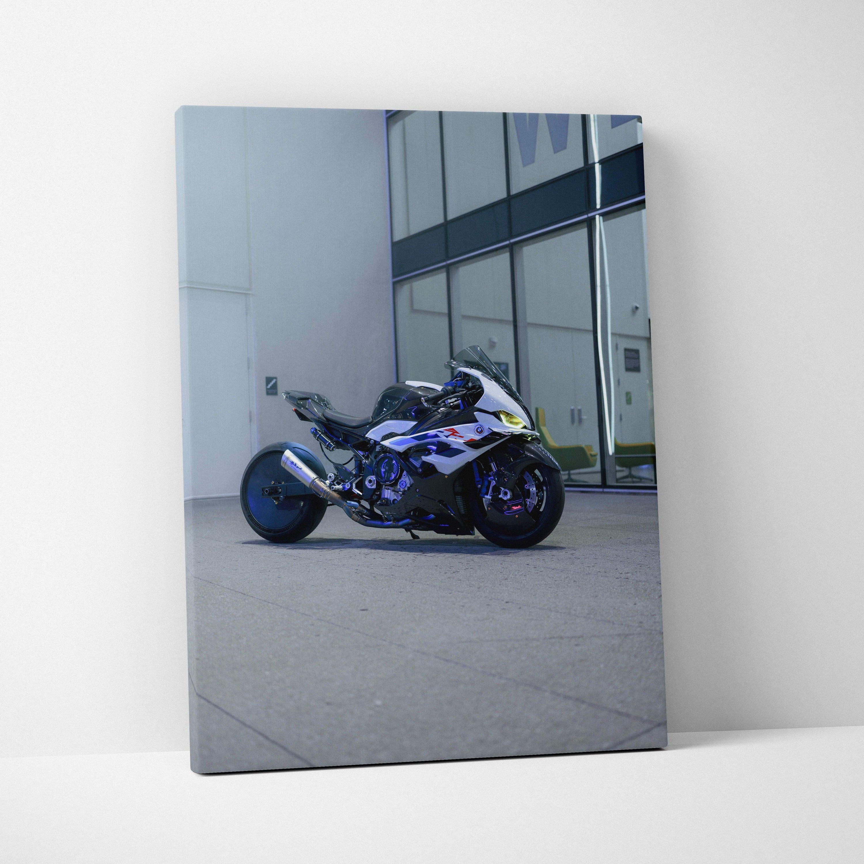 BMW S1000RR motorcycle reflected on glass building wall art vertical canvas print.