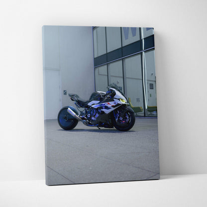 BMW S1000RR motorcycle reflected on glass building wall art vertical canvas print.