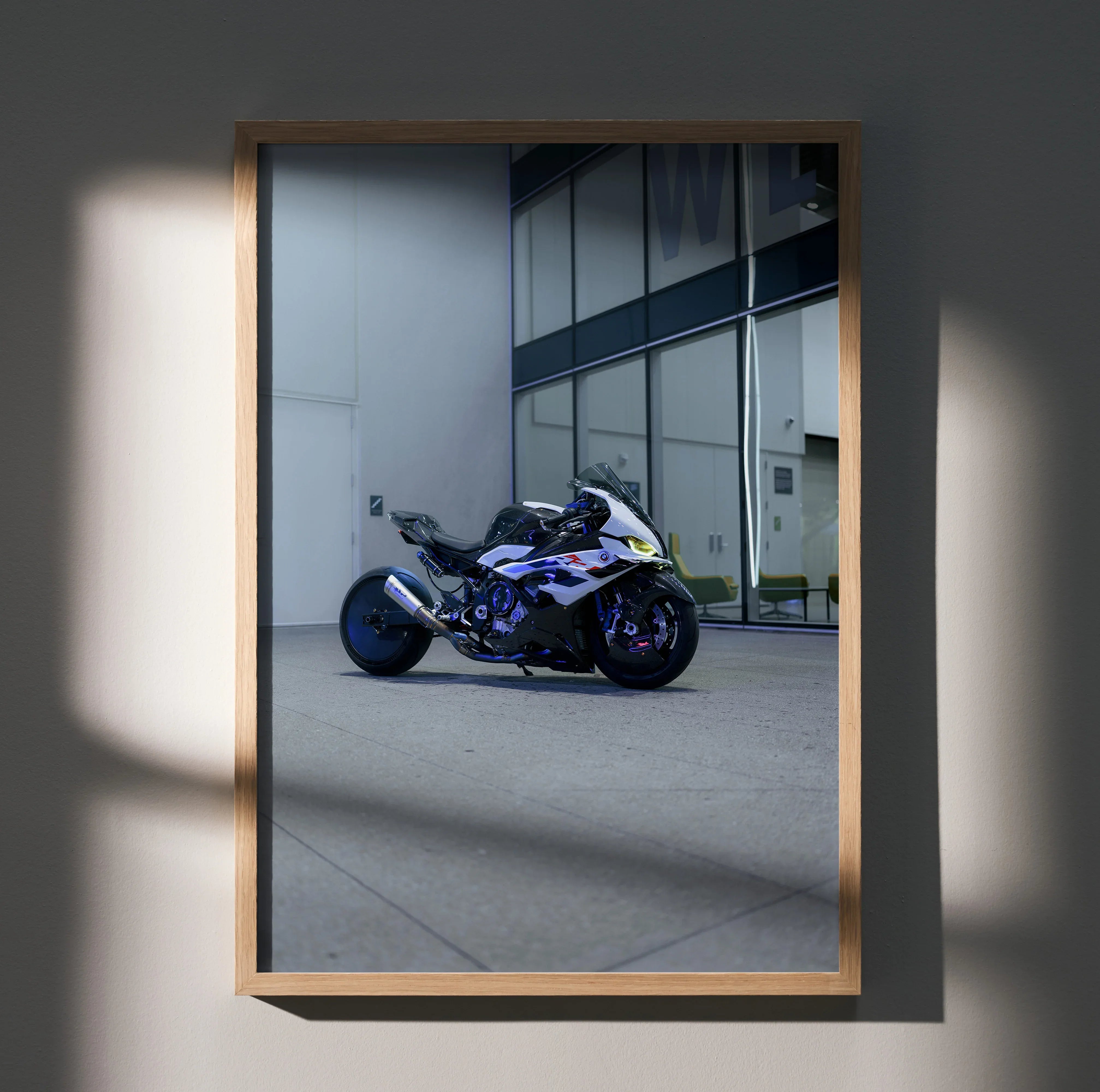 BMW S1000RR Drag Spec motorcycle poster with high-quality wall art framed in wood.