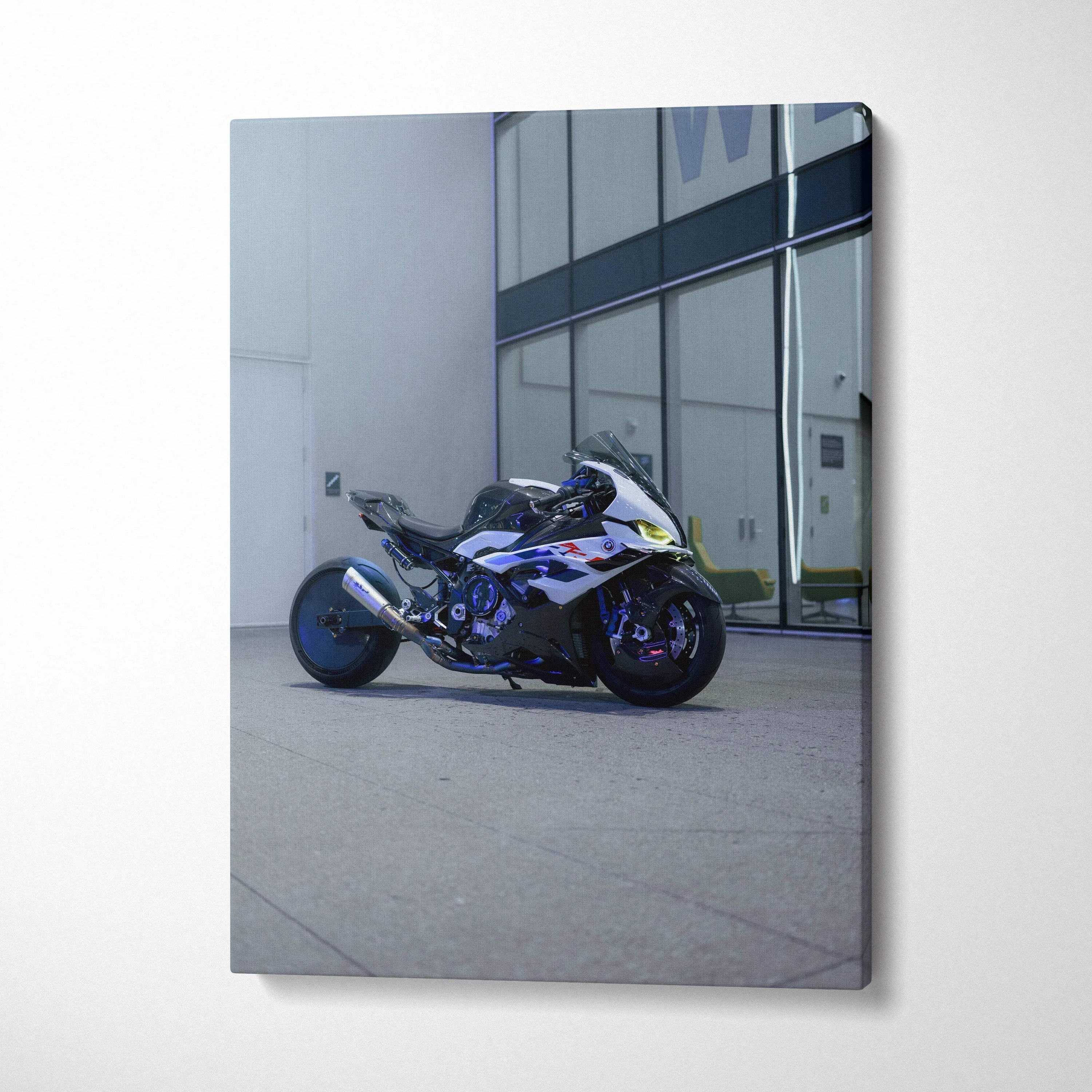 BMW S1000RR motorcycle canvas art with reflective glass background wall art vertical print.