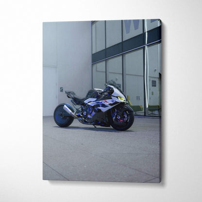 BMW S1000RR motorcycle canvas art with reflective glass background wall art vertical print.