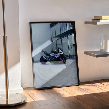 BMW S1000RR Drag Spec motorcycle poster in sleek black frame leaning against wall, modern wall art.