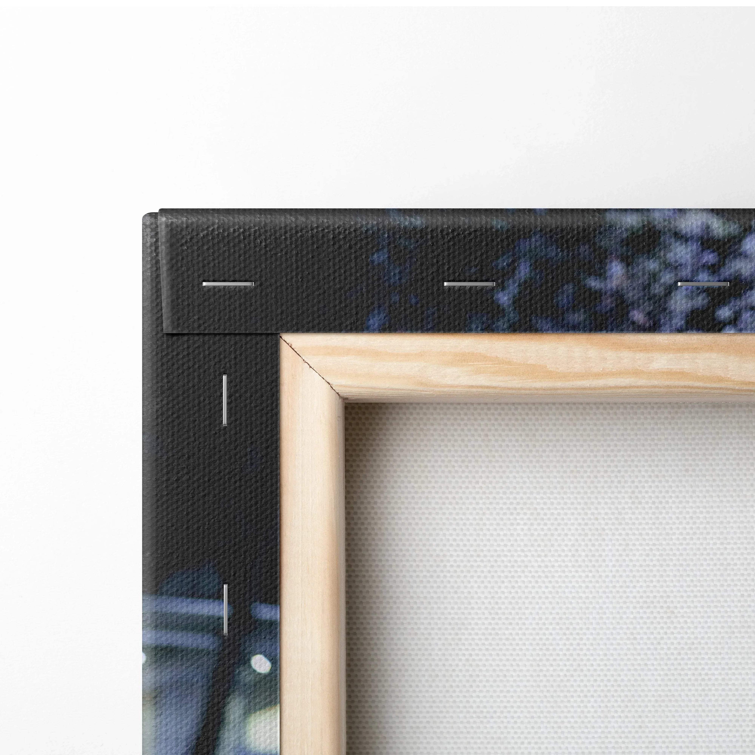 Close-up of natural wood frame corner on high-resolution vertical canvas wall art with black printed edge.