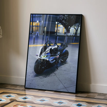 BMW S1000RR Drag Spec motorcycle poster wall art with sleek urban background in black frame.