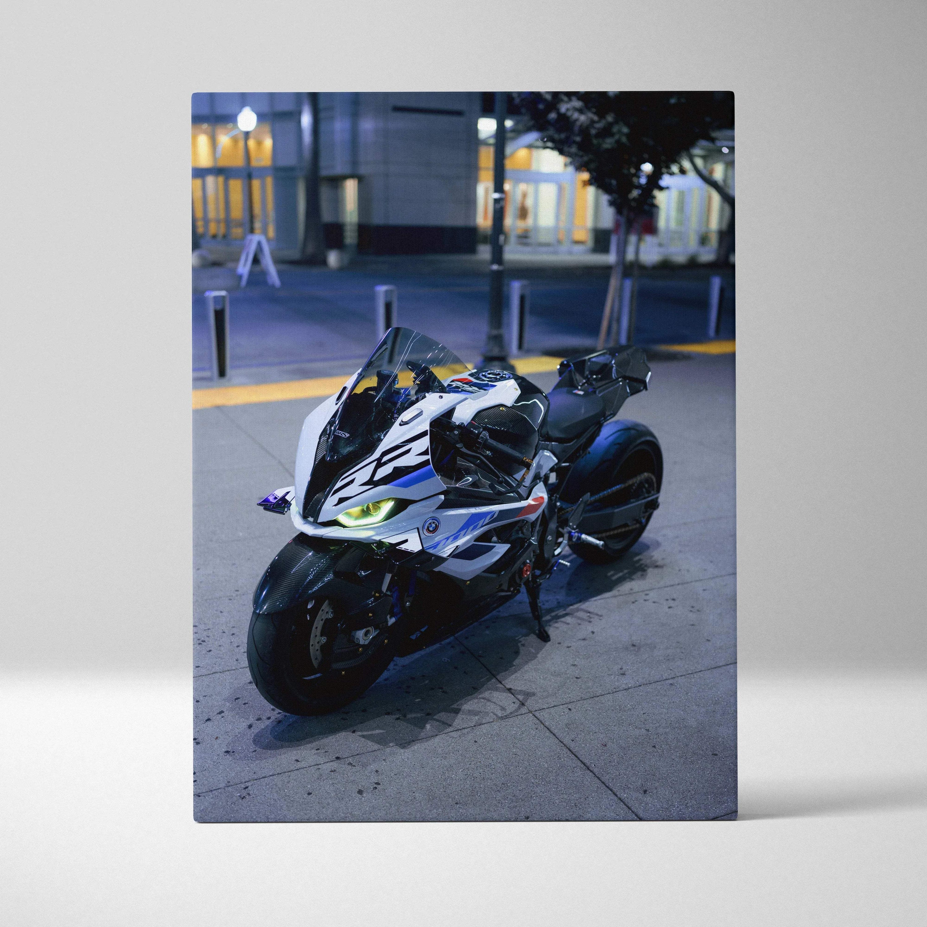 BMW S1000RR motorcycle vertical canvas wall art with high-resolution museum-quality print.