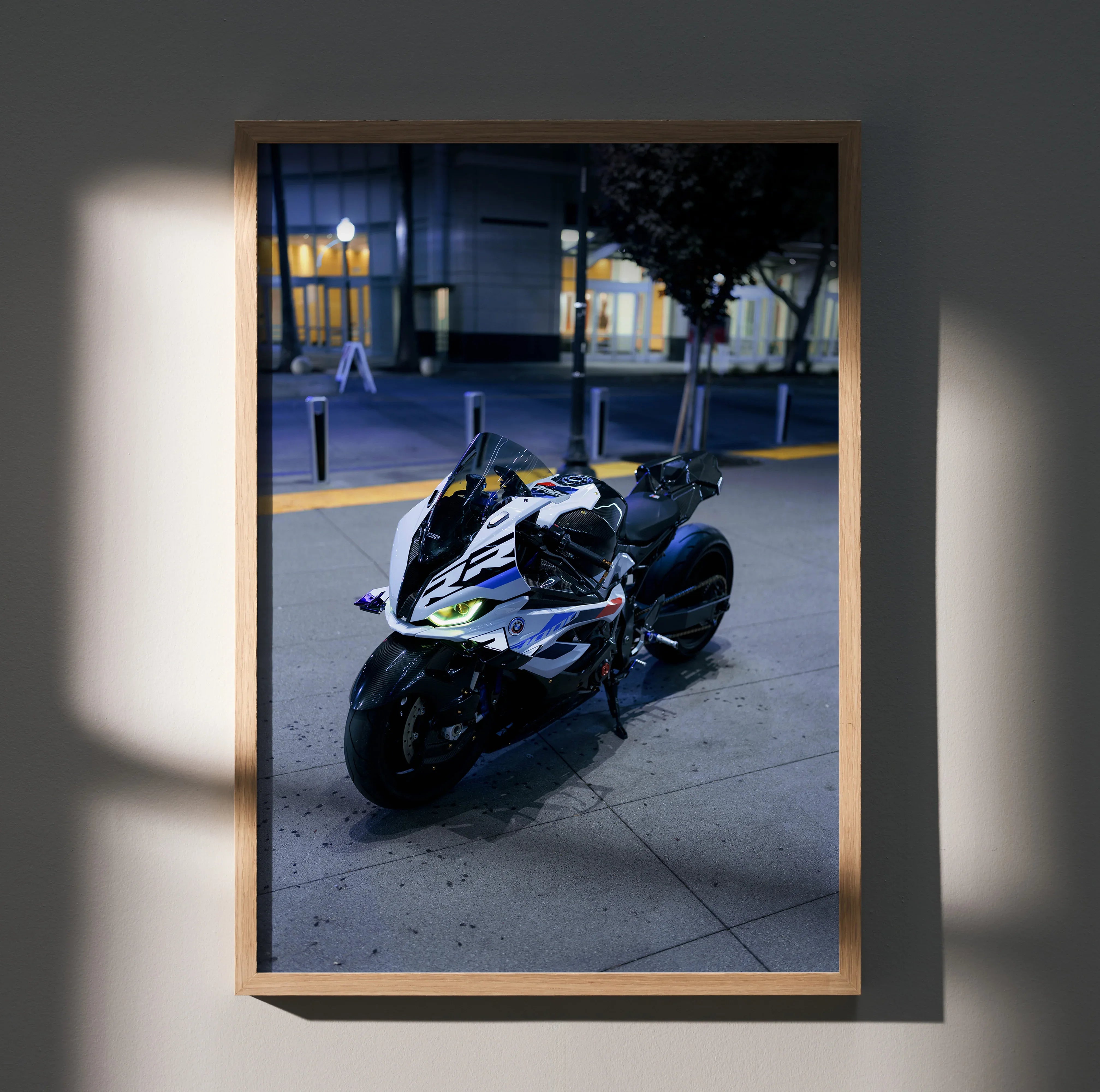 BMW S1000RR Drag Spec motorcycle poster wall art with nighttime urban background in wooden frame.