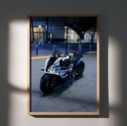 BMW S1000RR Drag Spec motorcycle poster wall art with nighttime urban background in wooden frame.