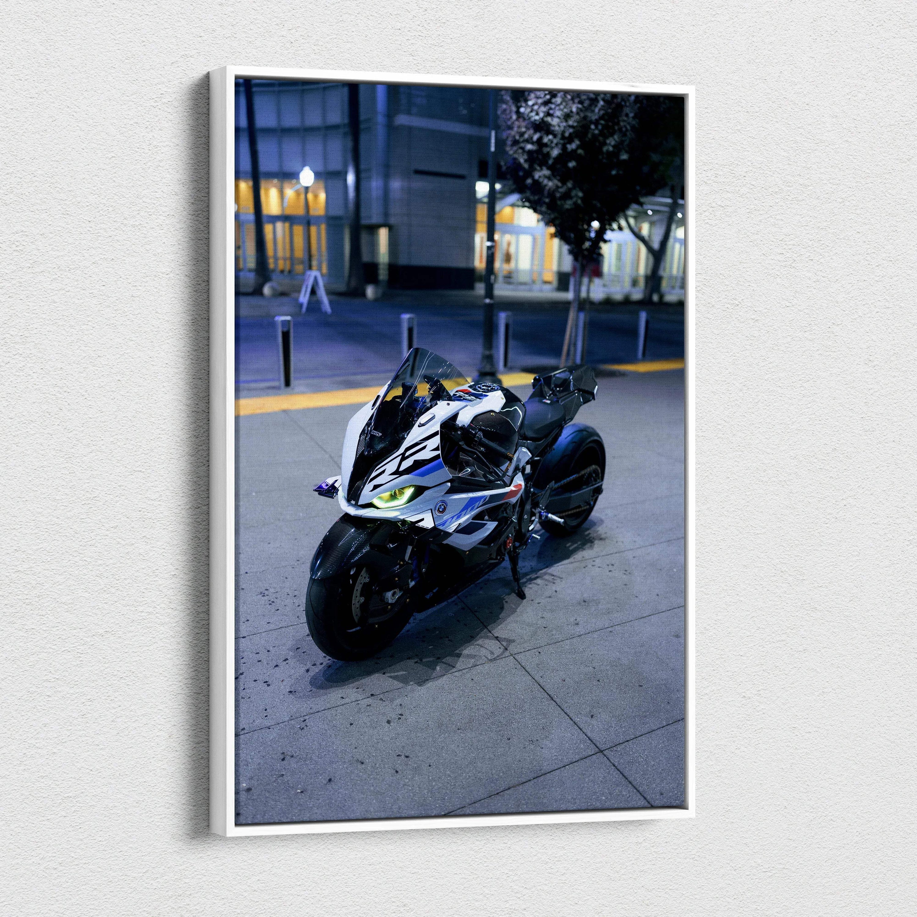 BMW S1000RR motorcycle canvas art with night urban background, vertical wall art print.