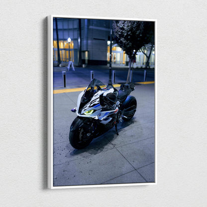 BMW S1000RR motorcycle canvas art with night urban background, vertical wall art print.