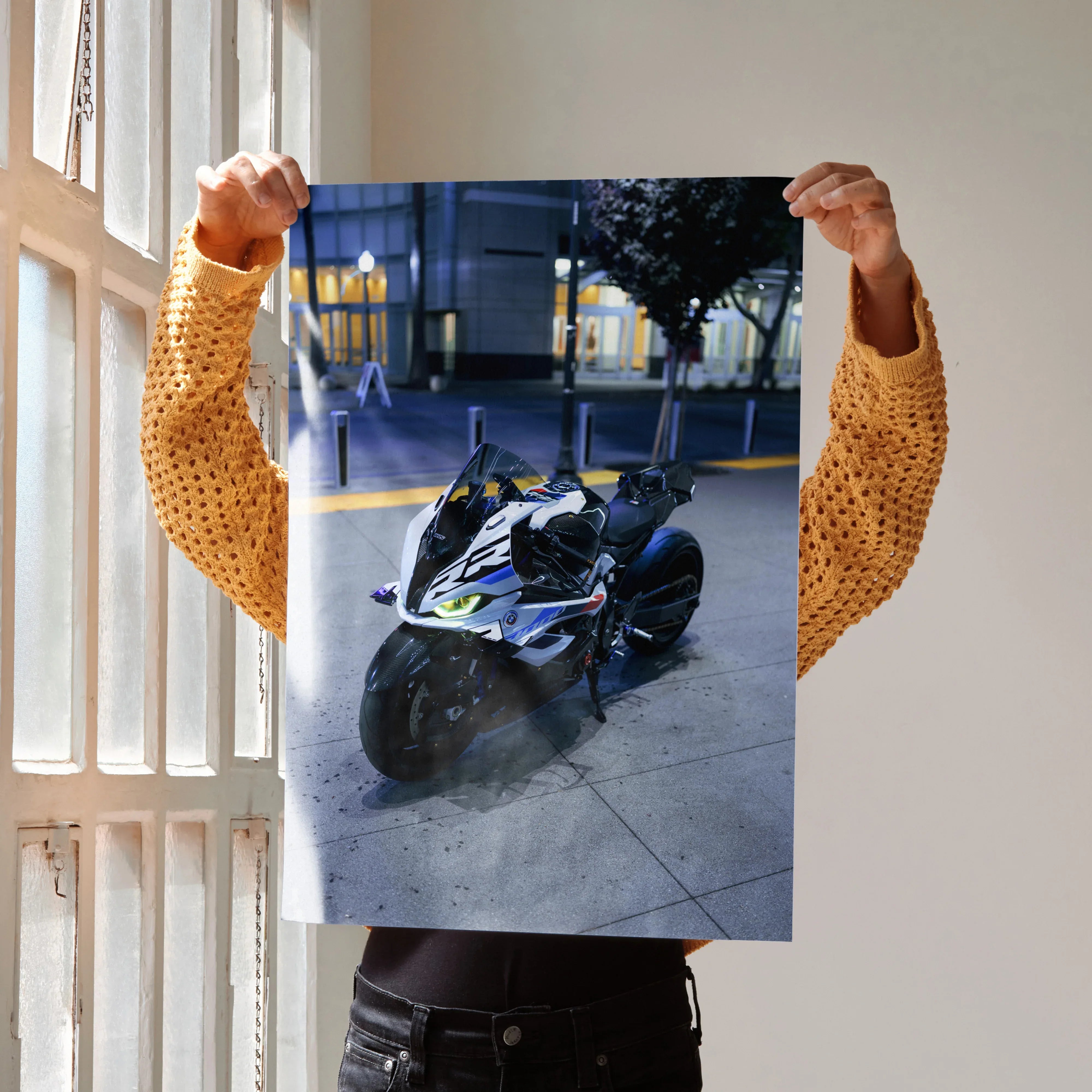 BMW S1000RR Drag Spec motorcycle poster with night urban background wall art.