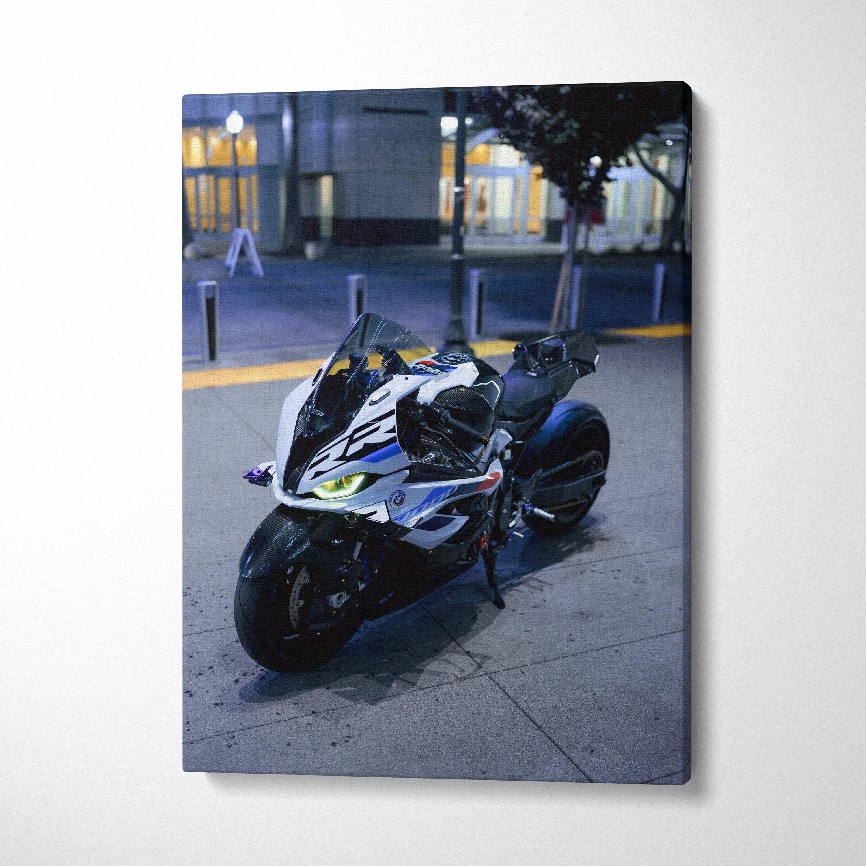 BMW S1000RR motorcycle at night on high-resolution vertical canvas wall art.
