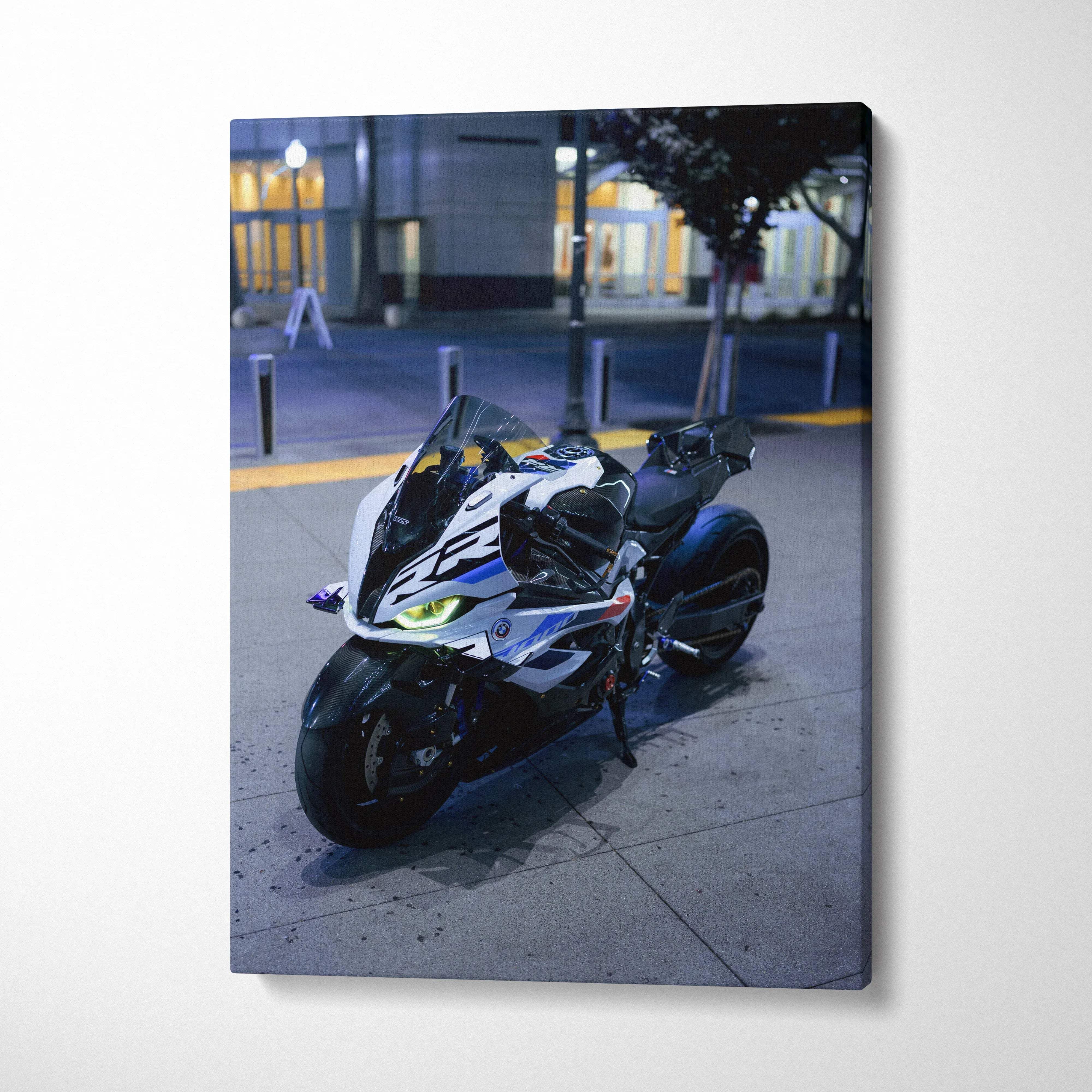 BMW S1000RR motorcycle at night on high-resolution vertical canvas wall art.