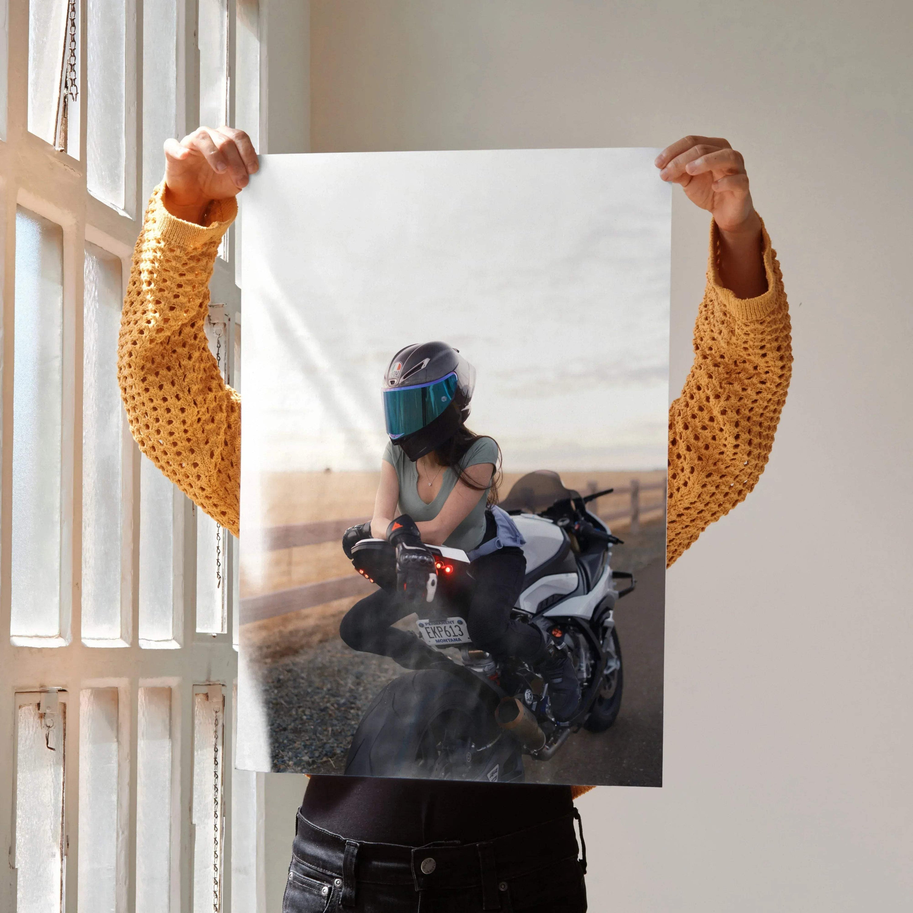 Biker Poster #065 - Female | AGV Pista Helmet | BMW S1000RR Motorcycle - Throttle Designs