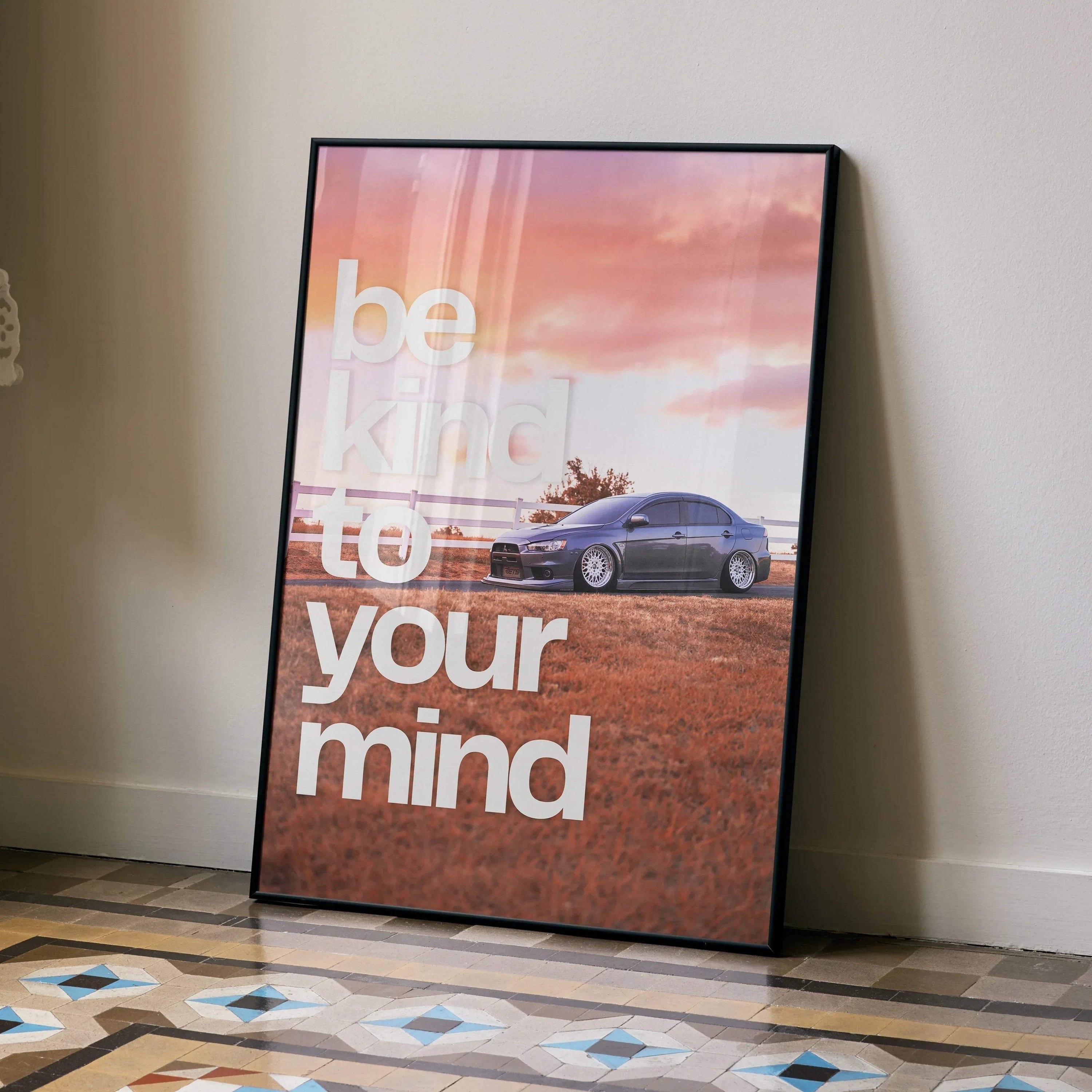 Motivational poster wall art featuring Mitsubishi Evo 10 with inspiring text and sunset background.