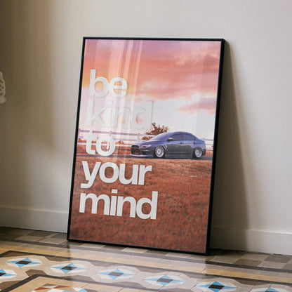 Motivational poster wall art featuring Mitsubishi Evo 10 with inspiring text and sunset background.