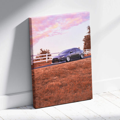 Mitsubishi Evo 10 parked on a road with pink sunset sky, vertical canvas wall art.