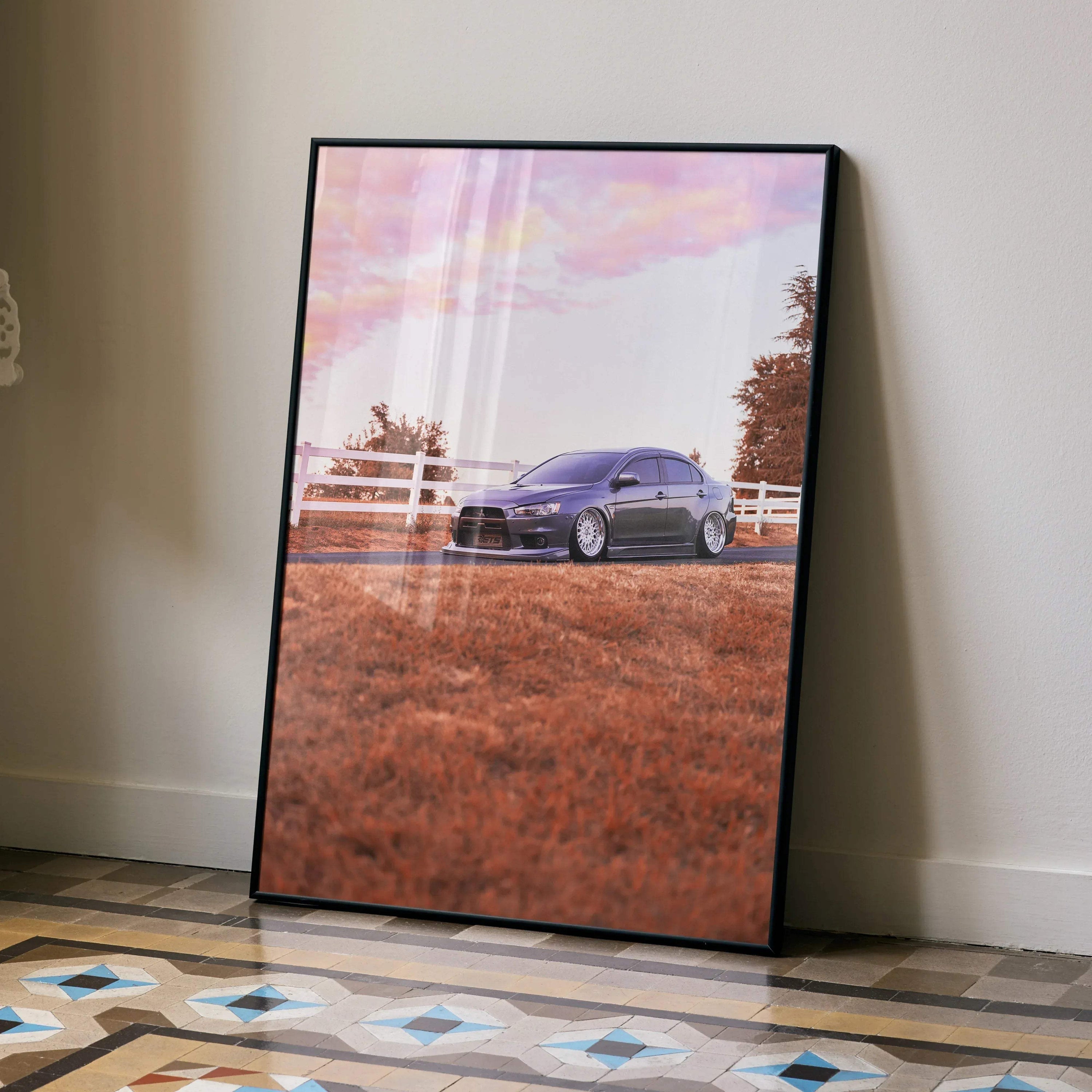 Mitsubishi Evo 10 parked near white fence in autumn landscape poster wall art.